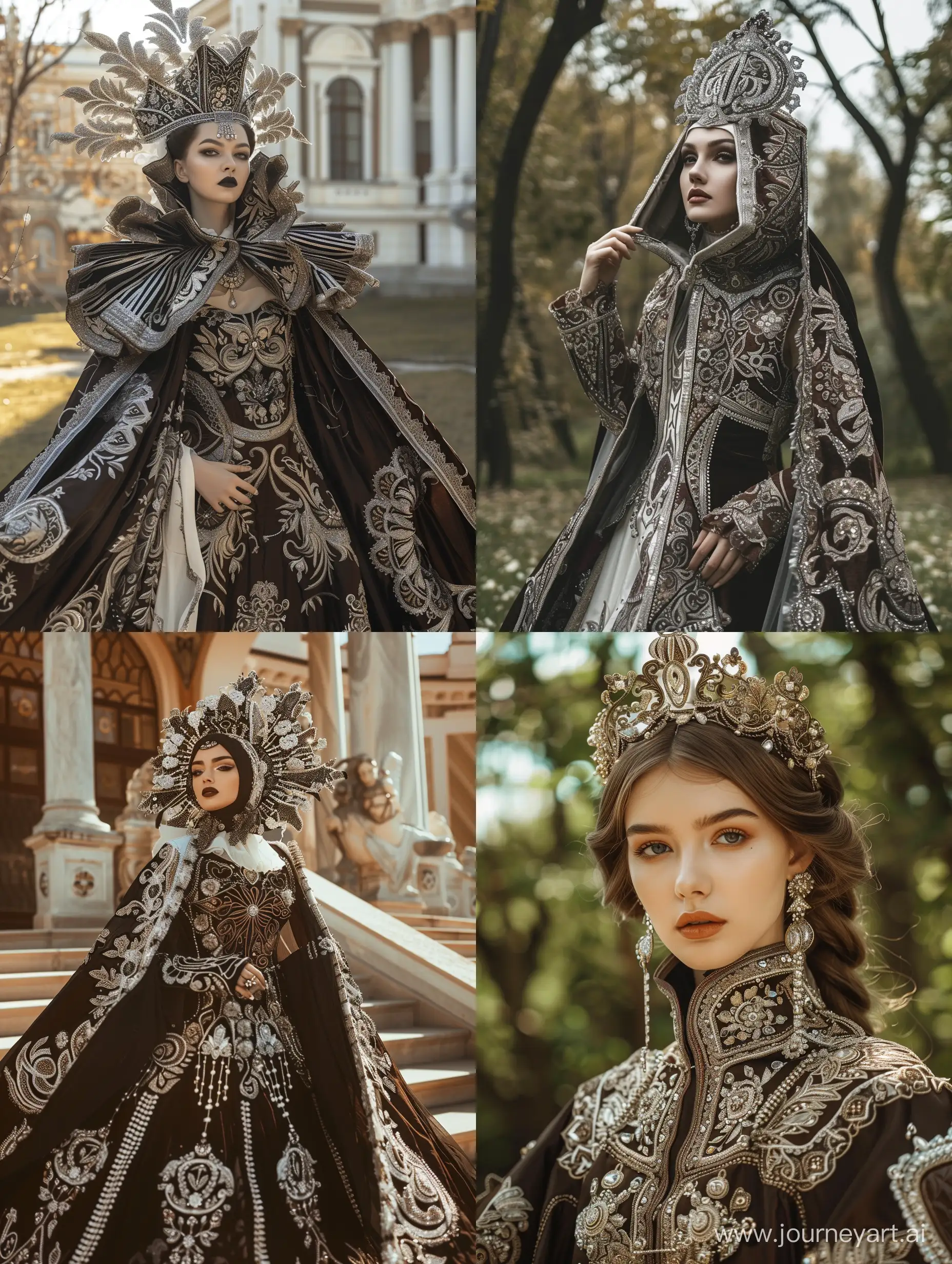 cosmetology costume by arfya kanevsky, in the style of dark brown and silver, high renaissance style, qajar art, dynamic outdoor shots, maximalist, byzantine-inspired, alla prima 