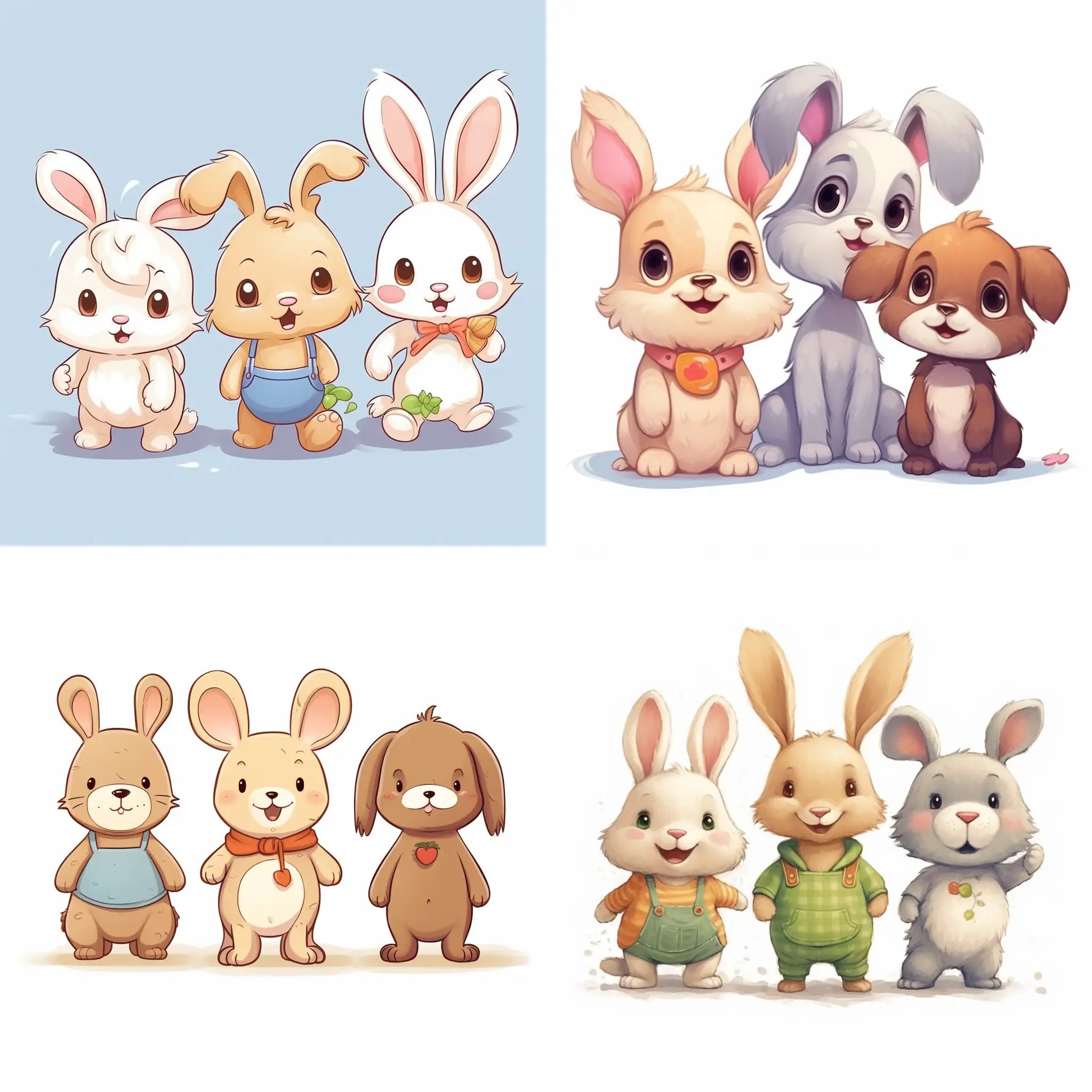 小兔仔在中间，小兔仔还是个小宝贝，左边是小猪，右边是小狗。卡通可爱风格，卡通形象，线条画，不需要太多内容