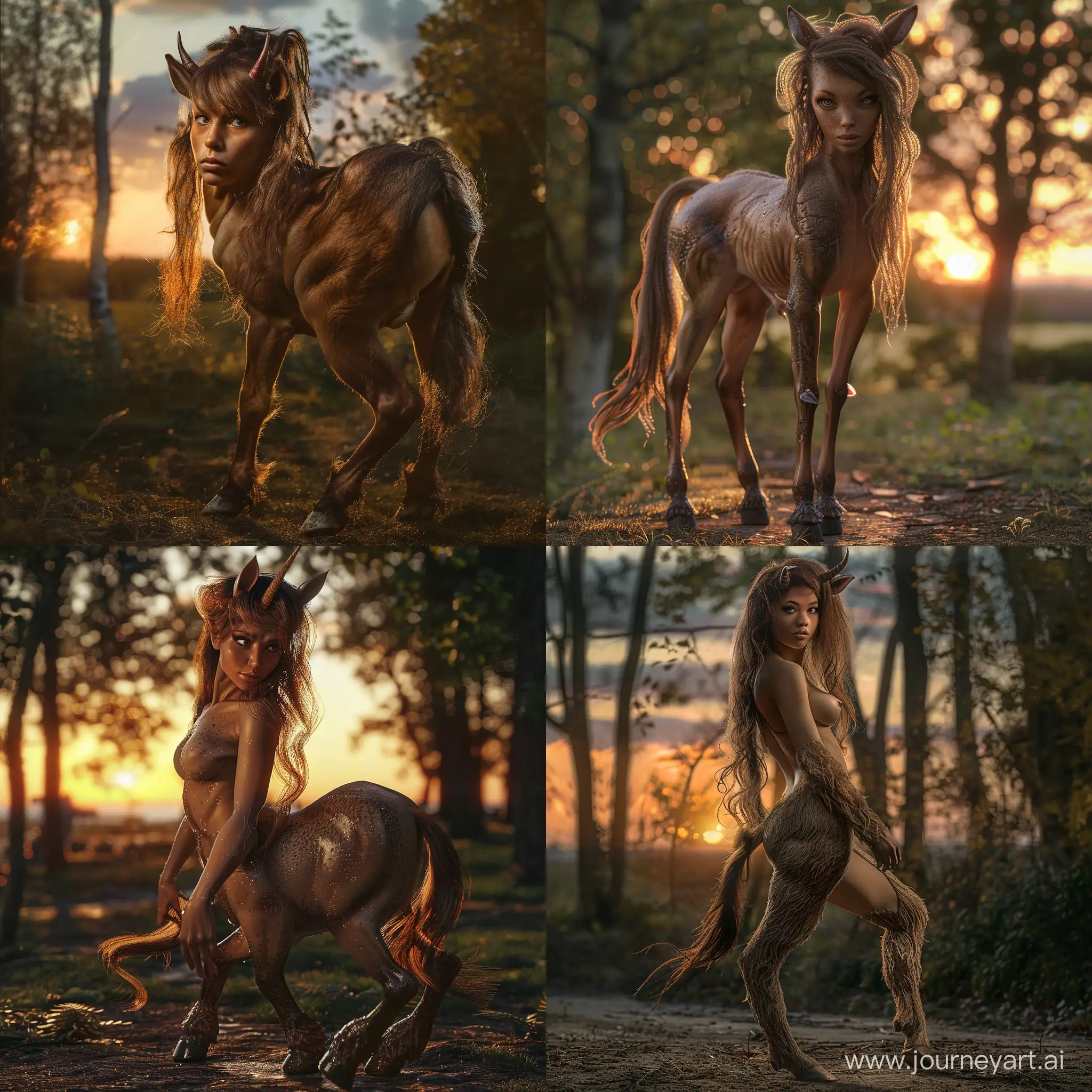 A female centaur. She has loose brown hair. She has hooves and a tail. She is standing on all fours in a forest at sunset. Realistic photograph, full body picture