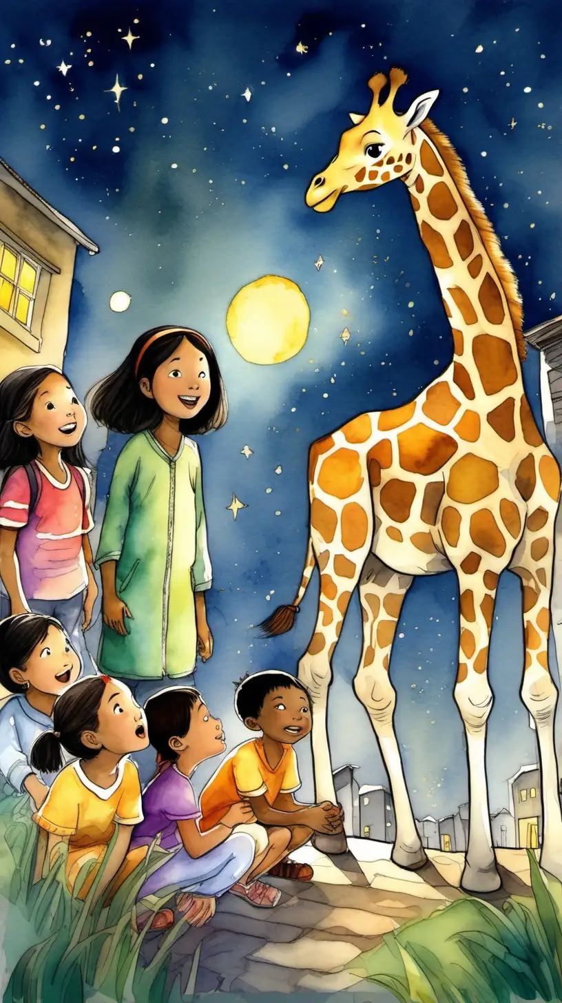 Enchanting Night Diverse Children Listening to Giraffe Stories