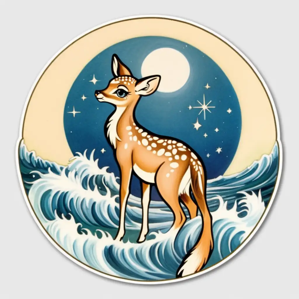 Elegant 1930s Glamour Fawn by the Ocean Moon with Diamond Sticker