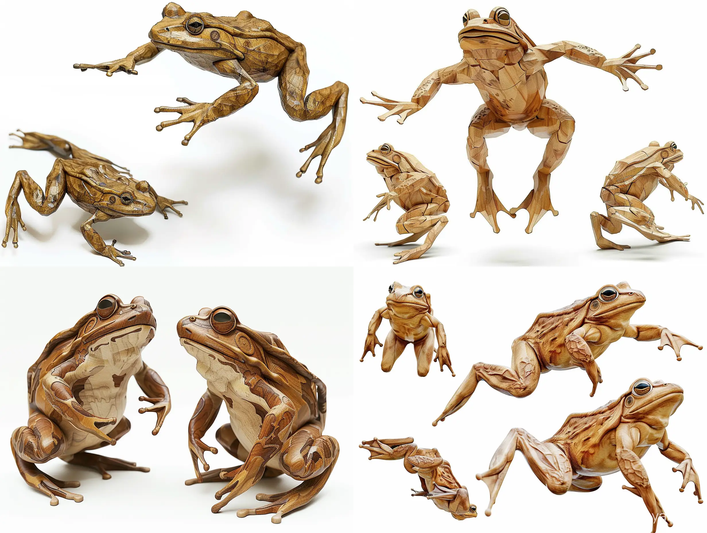 Professional sketch for wooden sculpture, a full-length frog jumping full-face and in profile, professional dynamic character, front back view and side view, wood carving, white background, 8k Render, ultra realistic