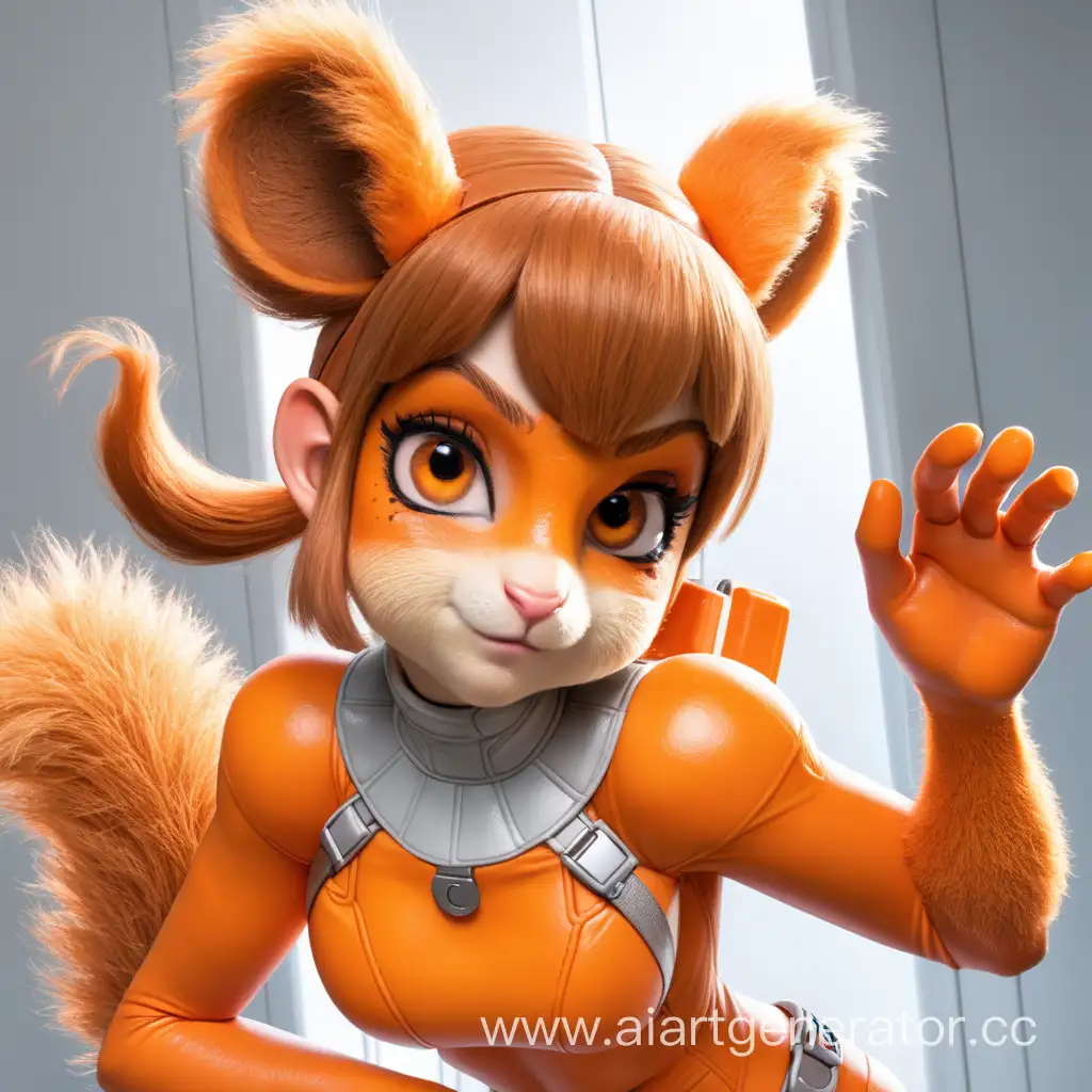 Playful-Furry-Squirrel-Girl-with-Vibrant-Orange-Plastic-Skin-and-Face