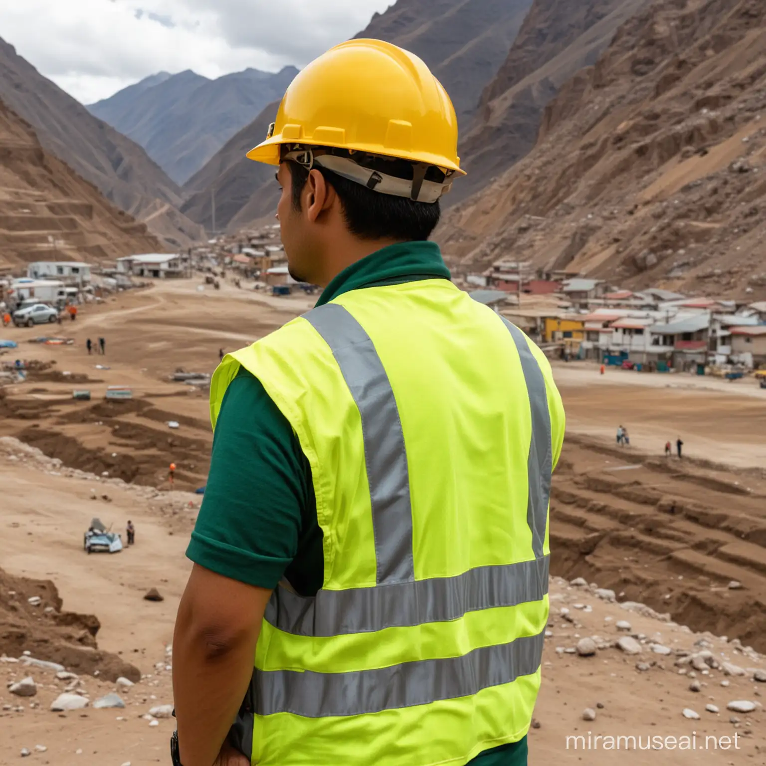 Peruvian Engineer Wearing Green Vest and Yellow Helmet Facing Away
