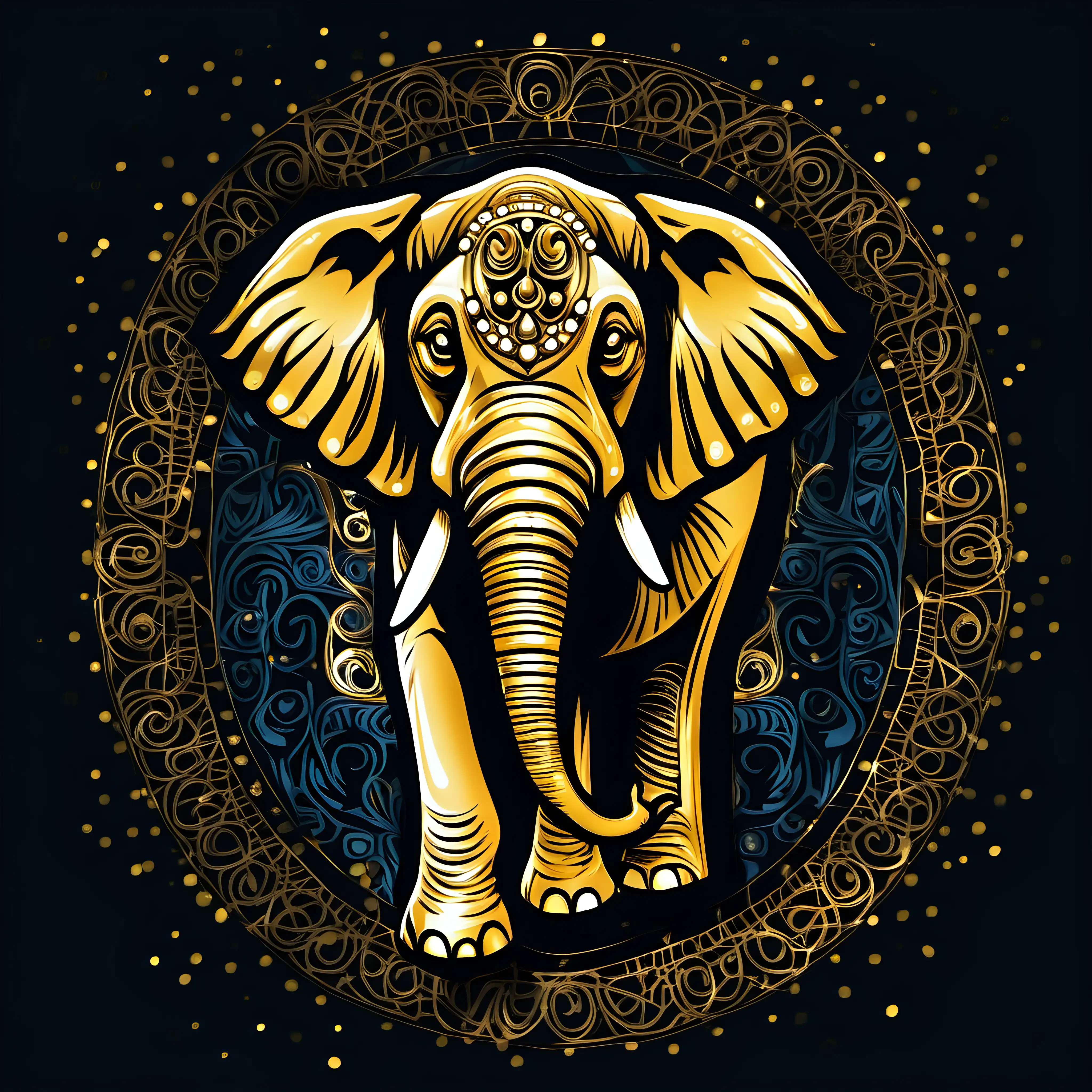 Create a t-shirt design, suitable for a black t-shirt, flat black background, of an elephant that is gold colored with accents of light blue