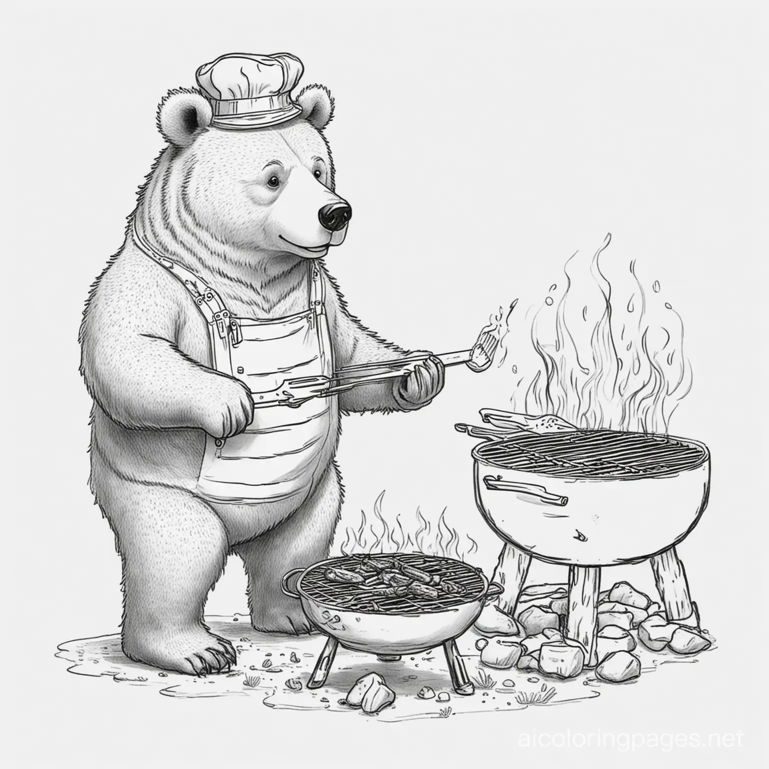 Adult Bear Barbecuing, isolated in white background, Coloring Page, black and white, line art, white background, Simplicity, Ample White Space. The background of the coloring page is plain white to make it easy for young children to color within the lines. The outlines of all the subjects are easy to distinguish, making it simple for kids to color without too much difficulty