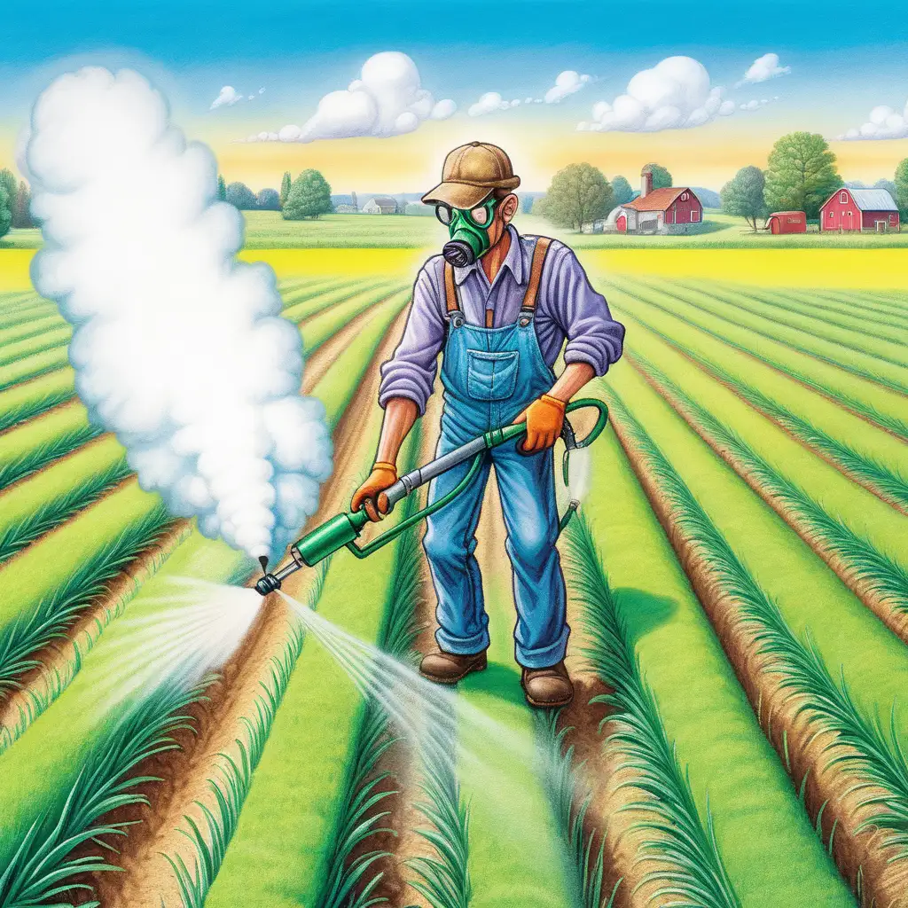 Create a vivid image of a man spraying pesticides on a field. The image must be in the style of Matt Wuerker.