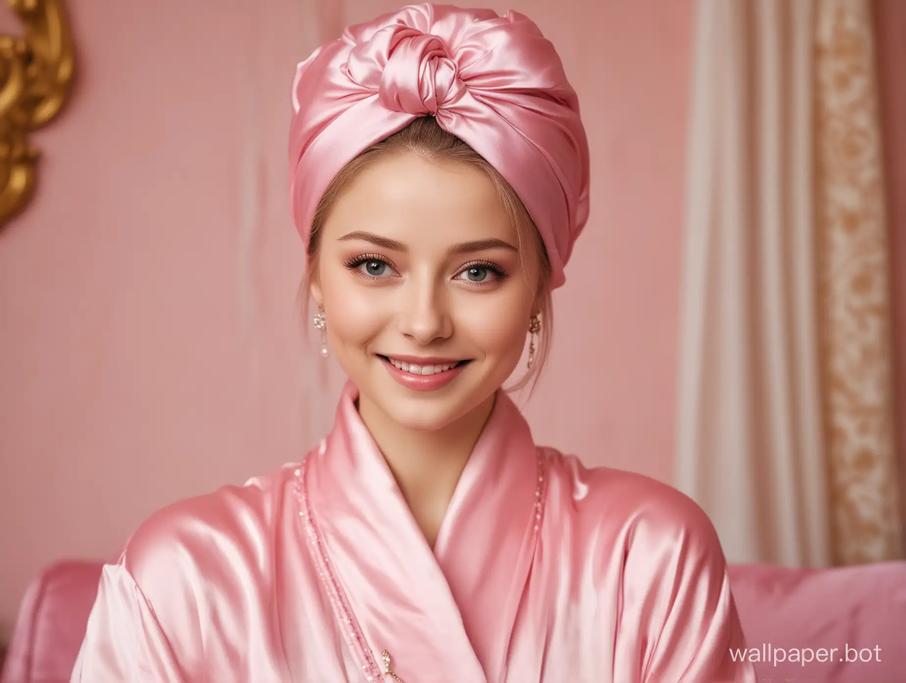 Glamorous Portrait Young Queen Yulia Lipnitskaya smiling in Luxurious Pink Silk Robe and pink silk Turban