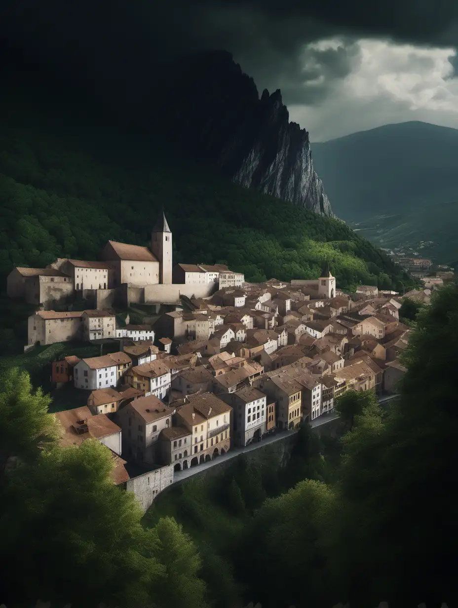 We open with a picturesque medieval town nestled at the foot of a mountain. Dark clouds loom overhead, casting shadows over the town.

