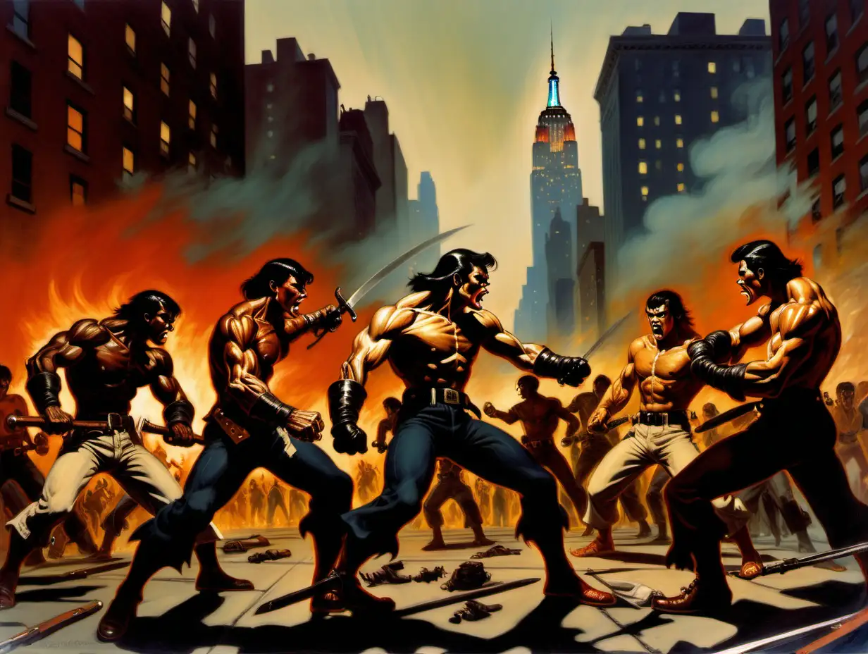 Gangs of youths fighting in NYC in late evening with fires in the background  Frank Frazetta style