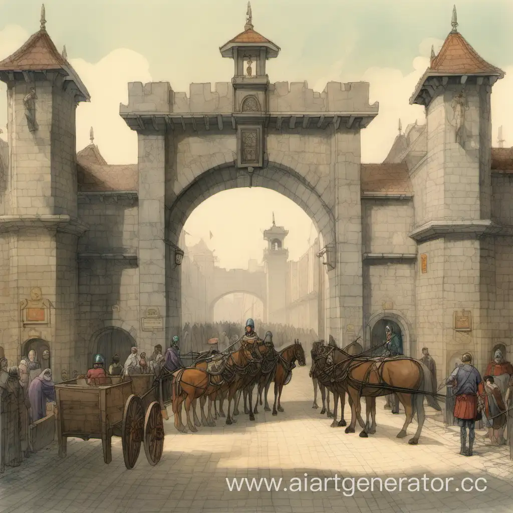 Небольшие Городские ворота с двумя стражниками  и очередью из людей и повозок на примыкающей к воротам дороге