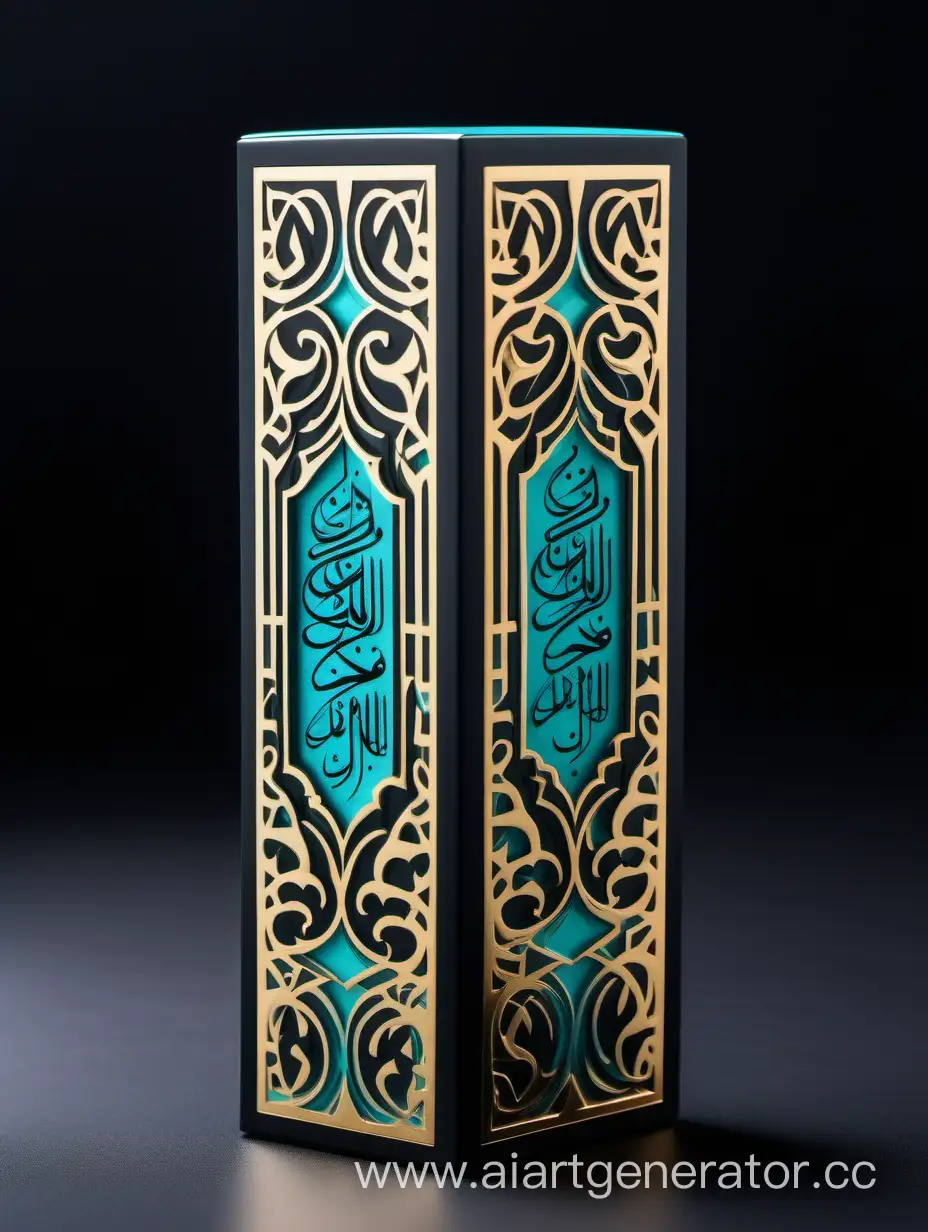 Dark dark matt black and gold Turquoise  luxury perfume rectangle vertical box 75% lines with arabesque pattern Arabic Calligraphy on white background