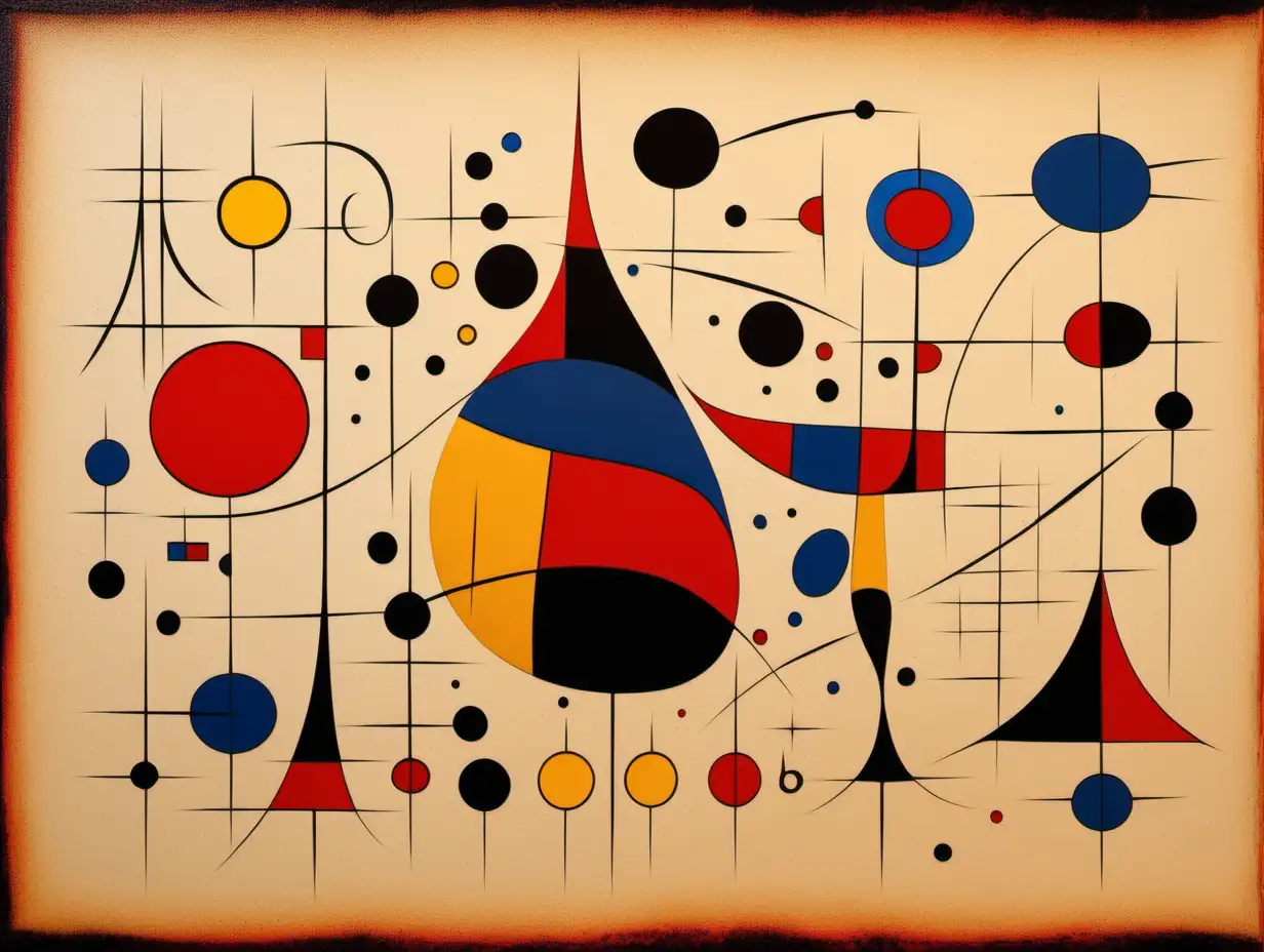in style of Joan Miro create abstract art with variety of shapes no circles with warm tones backround red, black and some blue and yellow  