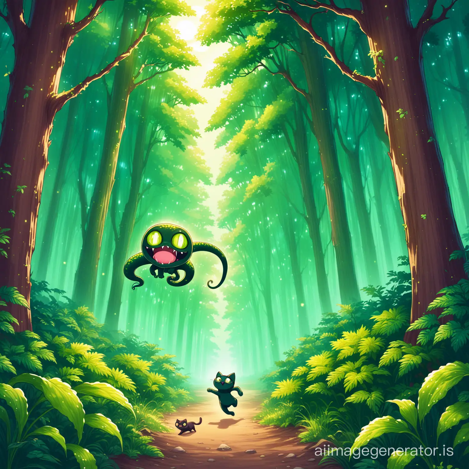 a 3 eyed snake alien chasing a cat in the forest