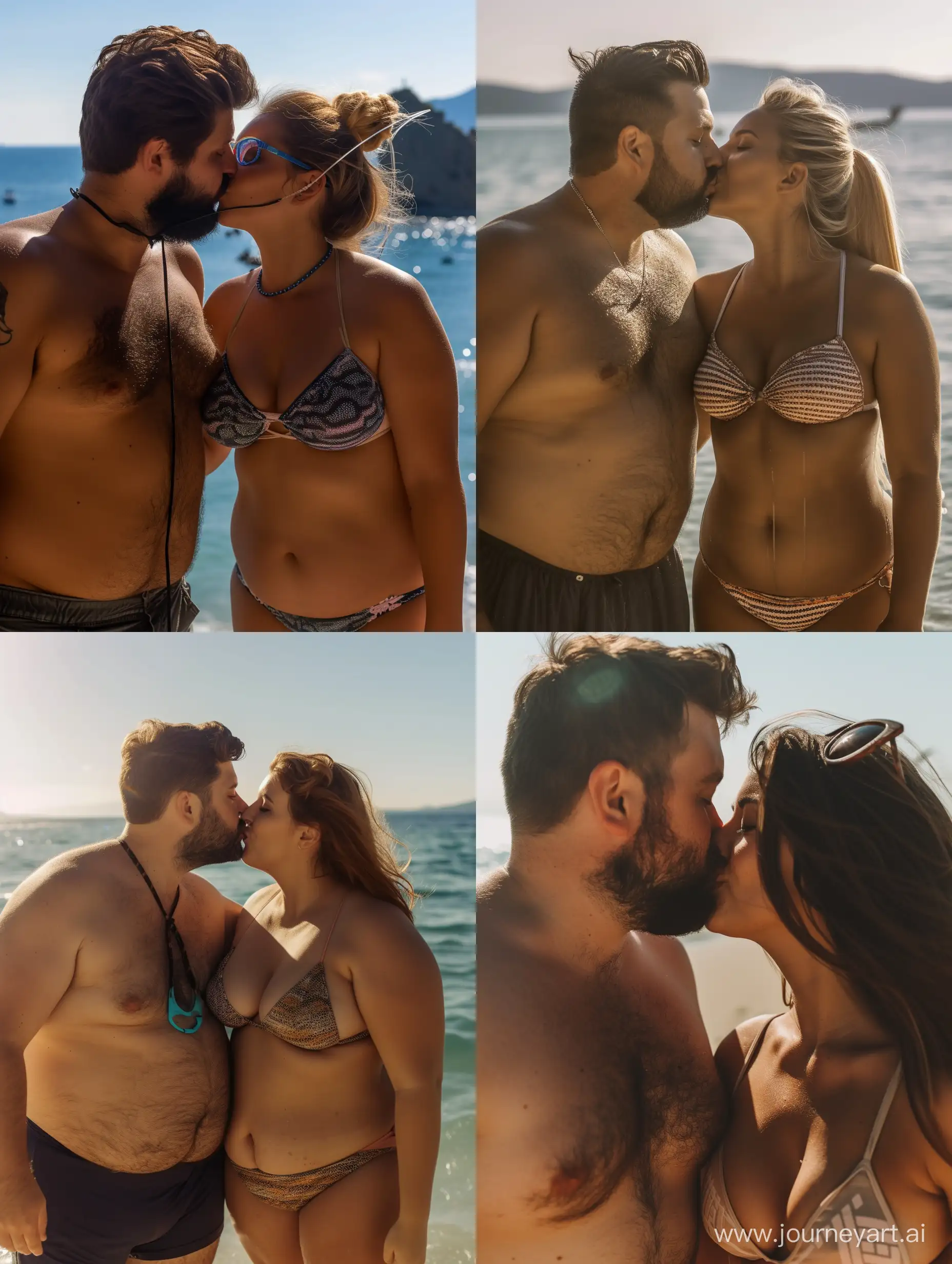 A man and a beautiful woman kissing by the seaside, bikini, sunny beach, slightly overweight figure --v 6 --ar 3:4 --no 46223
