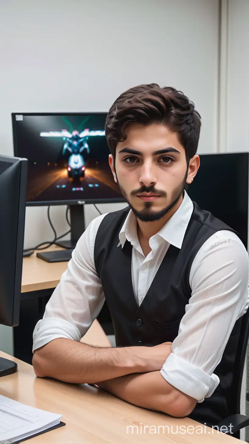 An Iranian boy with full and short beard, 20 years old, similar to the photo above, with a white shirt and sleeves folded up to the elbows and a black vest with veined hands, sitting behind the management desk, looking at the camera and the view behind him is 6 monitors. The movie is playing and it is night