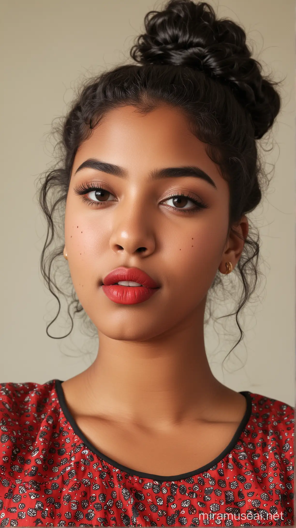 A 17 year old fat black woman with small eyes, wide red lips, weak chin, small nose and long curly black hair with a bun at back wearing a kurti