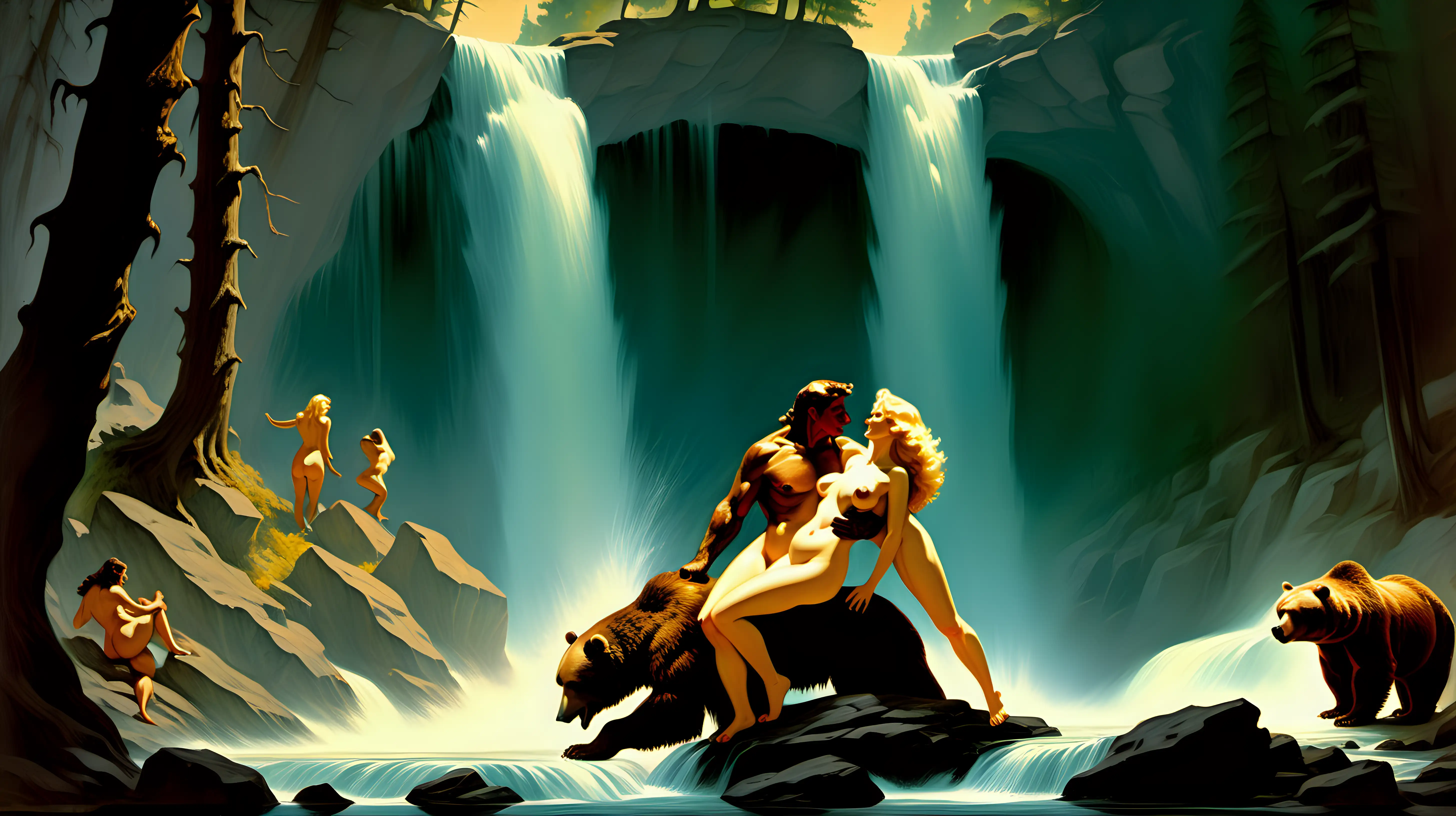 nude lovers under a grizzly bears under a waterfall in an enchanted forest the style of Frank Frazetta