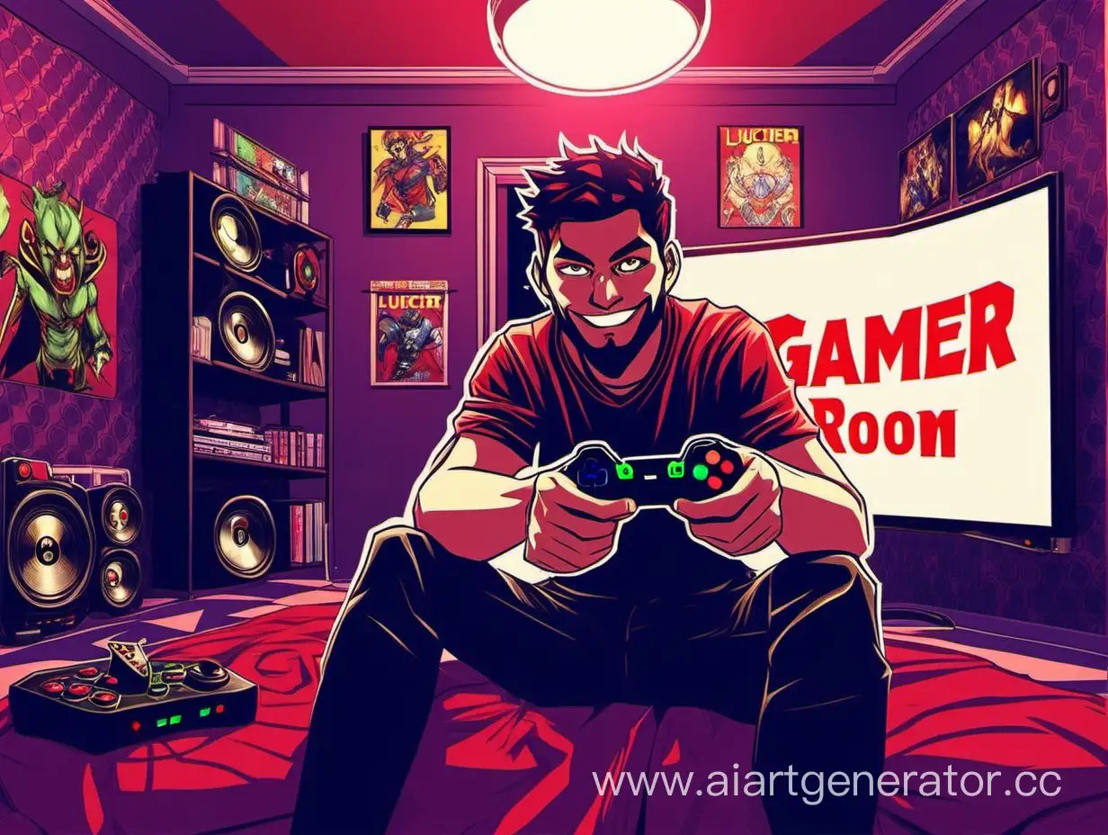 Люцифер геймер в геймерской комнате с геймпадом в руках обложка для ютуб канала