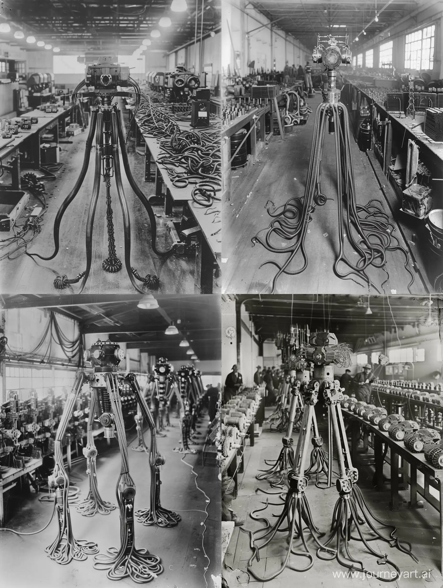 1933, old photo, tripod mech with tentacle like wires being constructed in a factory along side rows of other mechs and mech parts