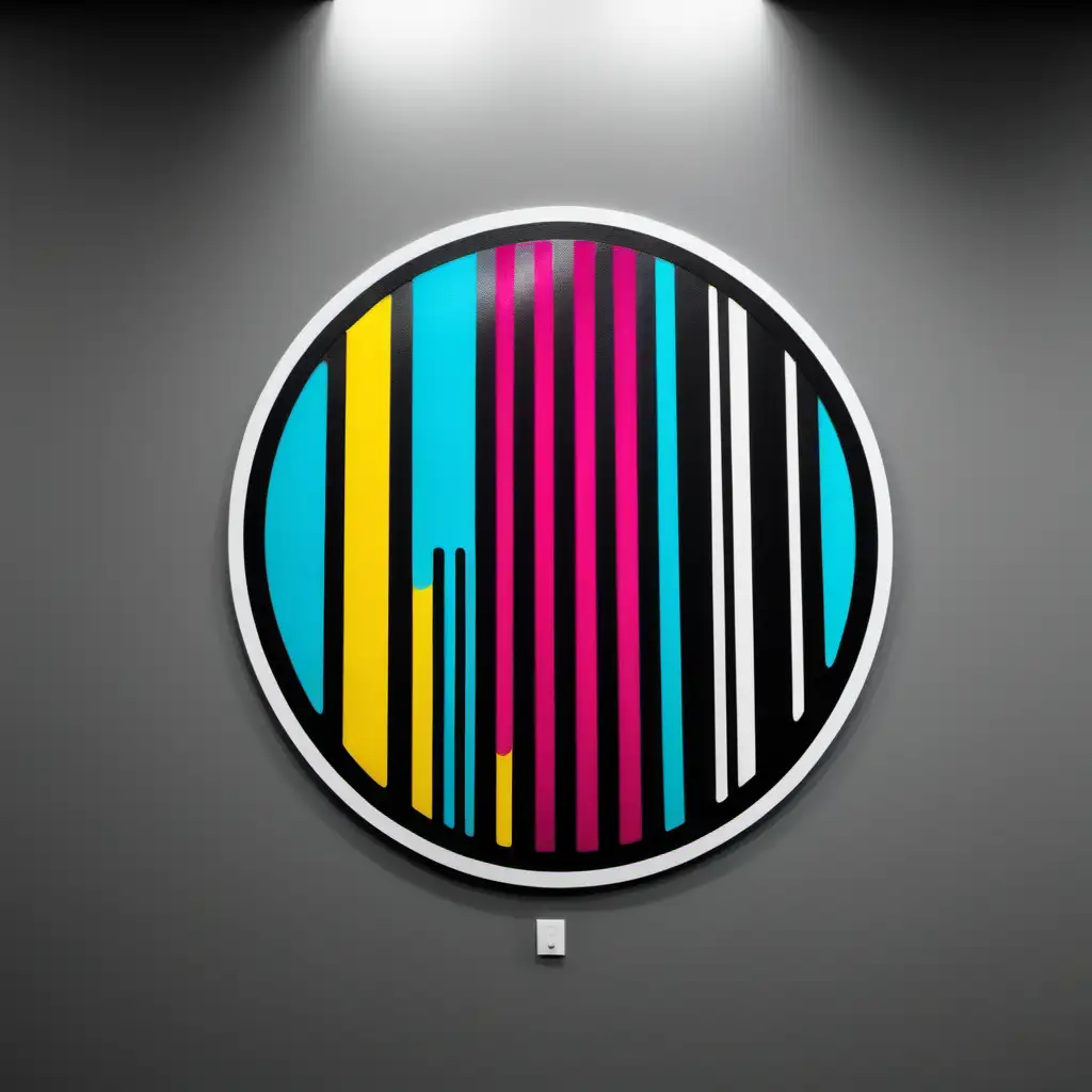 Vertinkal company round logo, a splash of magenta, cian and yellow print in a wall. Vertical black lines like a barcode who desapears to the right