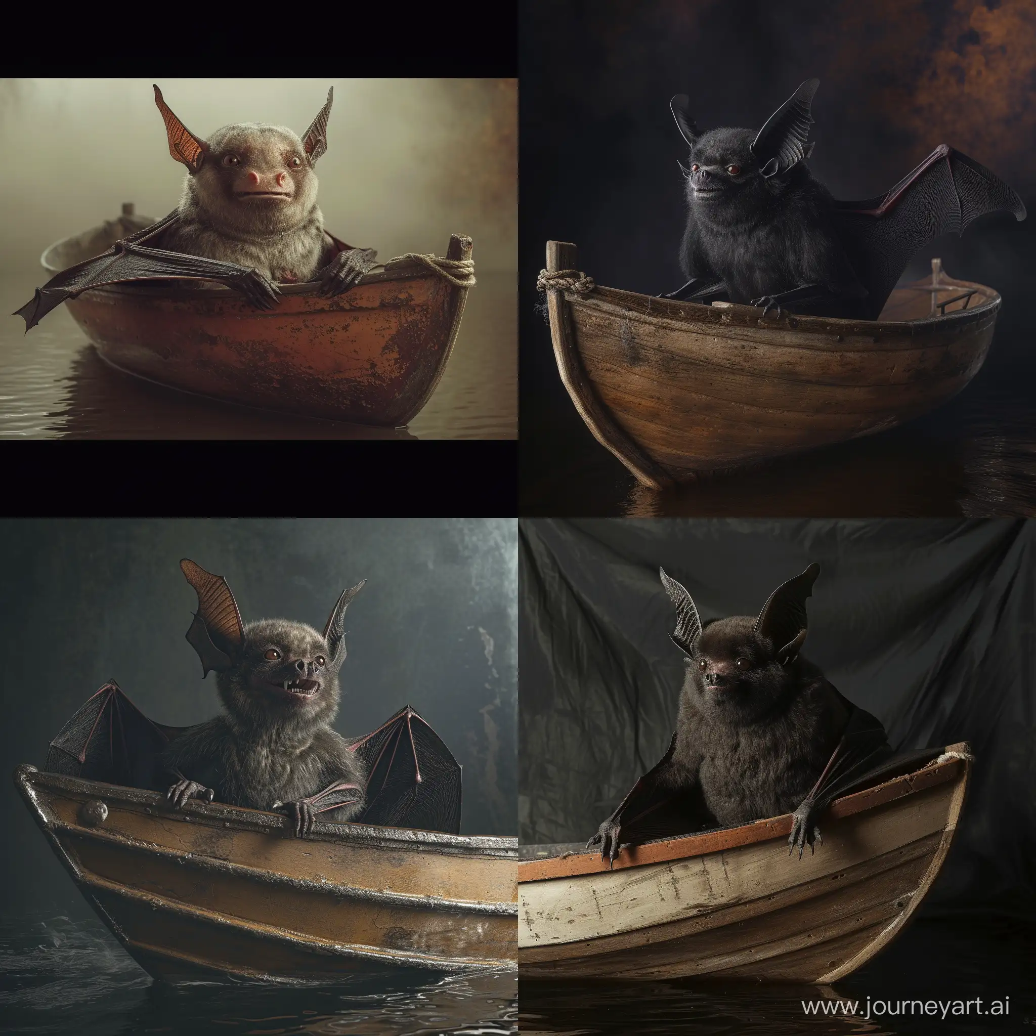 a realistic photo of a full body drakula bat in a boat--stylize 750 --v 6