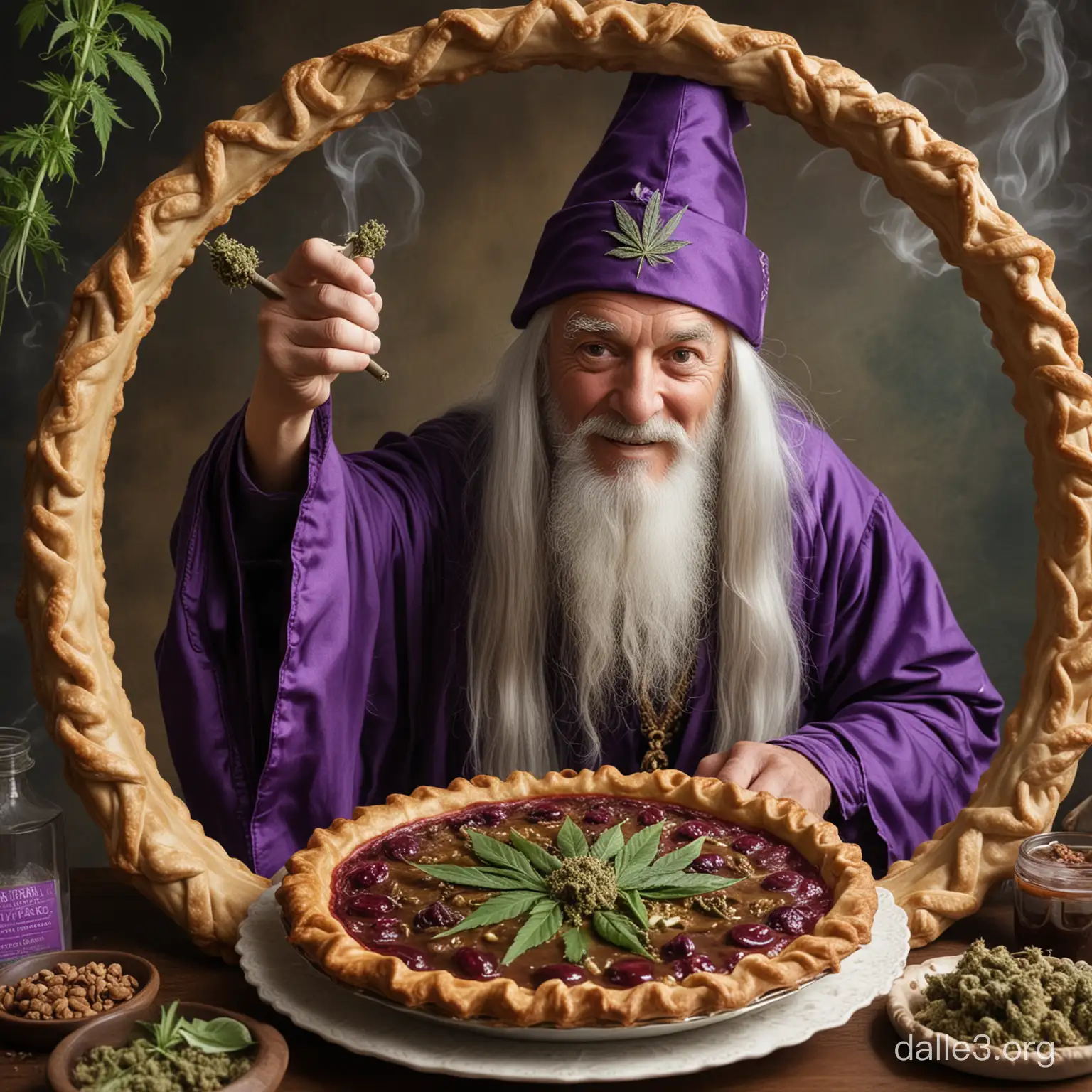 an old wizard with long silver hair, pointy hat, and long flowing purple robes adorned with images of cannabis leaves is pulling his thumb out of the top crust of a pie on a table.  His thumb has impaled a round purple plum hanging on the end.