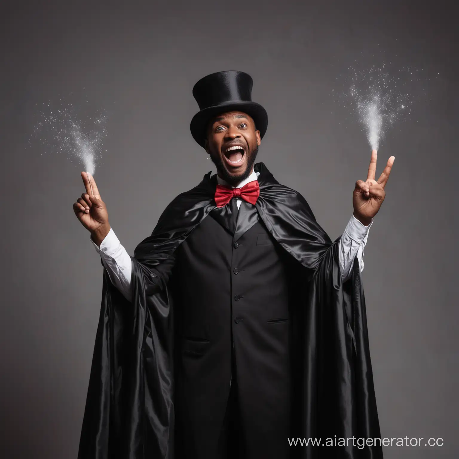 insane, black man magician laughing hysterically , wearing magician hat and cape 