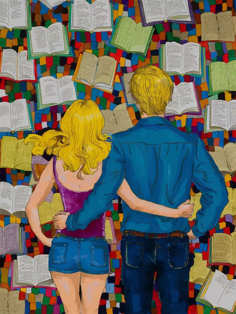 Give me a colourful  abstract Style graphic image, of a blonde women and a blonde men, the theme is books, the viewpoint is from behind looking at their backs and we do not see their faces