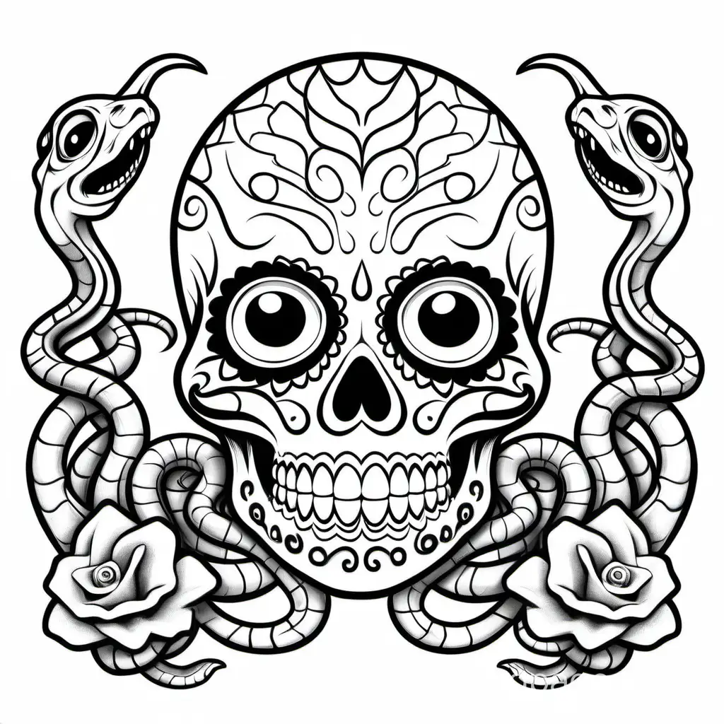 Sugar skull with snakes coming out of the eyes and mouth, Coloring Page, black and white, line art, white background, Simplicity, Ample White Space. The background of the coloring page is plain white to make it easy for young children to color within the lines. The outlines of all the subjects are easy to distinguish, making it simple for kids to color without too much difficulty