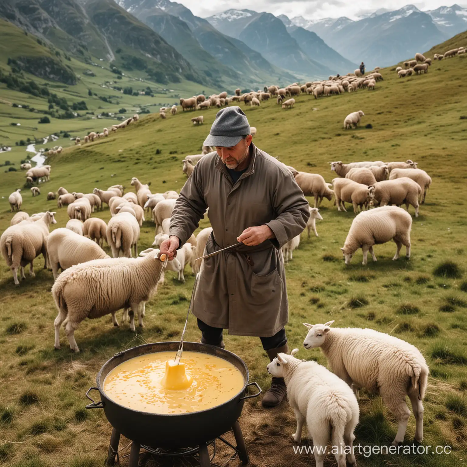 Shepherd-Pulling-Cheese-Fondue-Amidst-Mountainous-Sheep-Herd
