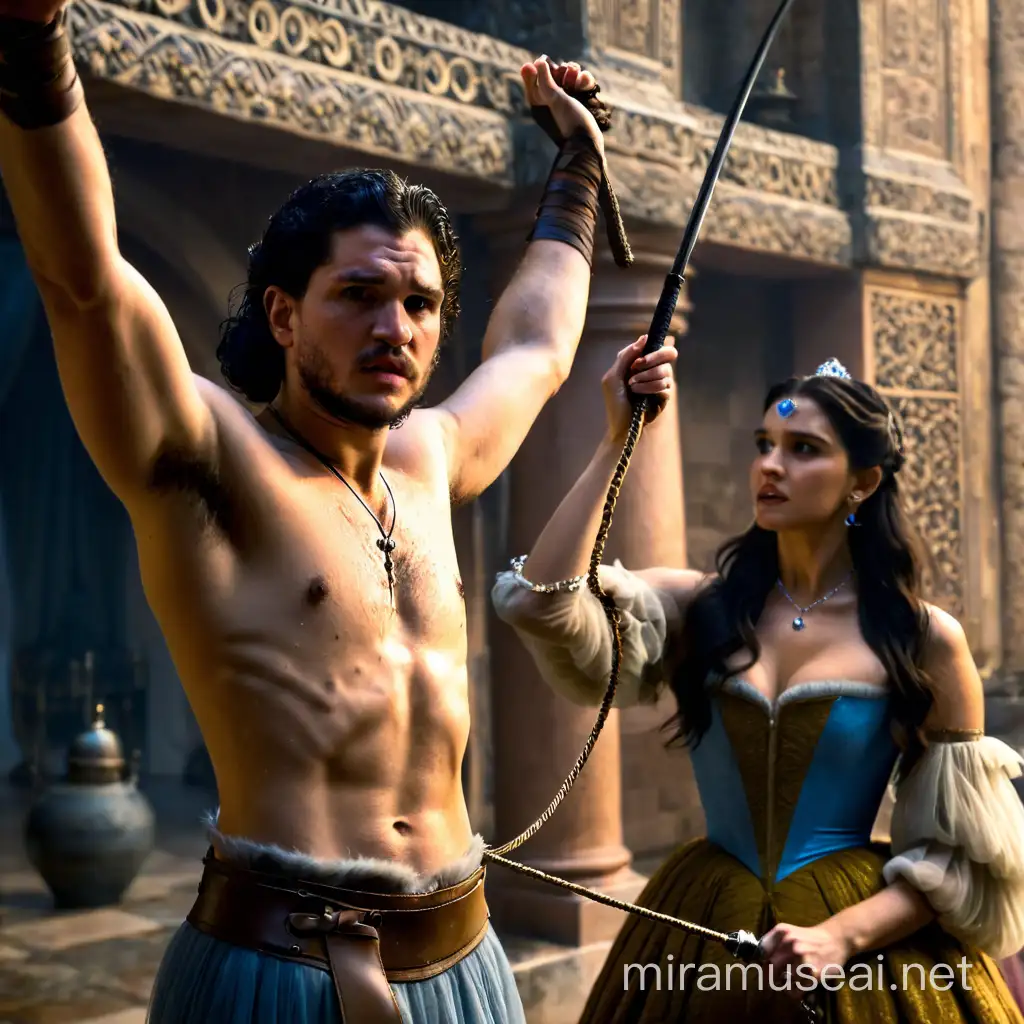 Princess Cinderella whipping her slave Kit Harington. Slave Harington, naked, very hairy body, with wrists tied, wounds on the body, serious look. Cinderella has fun with the whip in her hand.