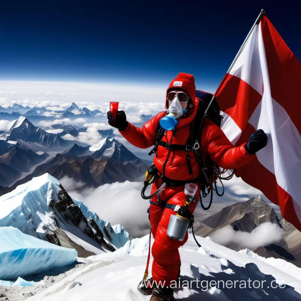 Top on Mount Everest. Climber, sauerstoffmaske, Flagge Österreich