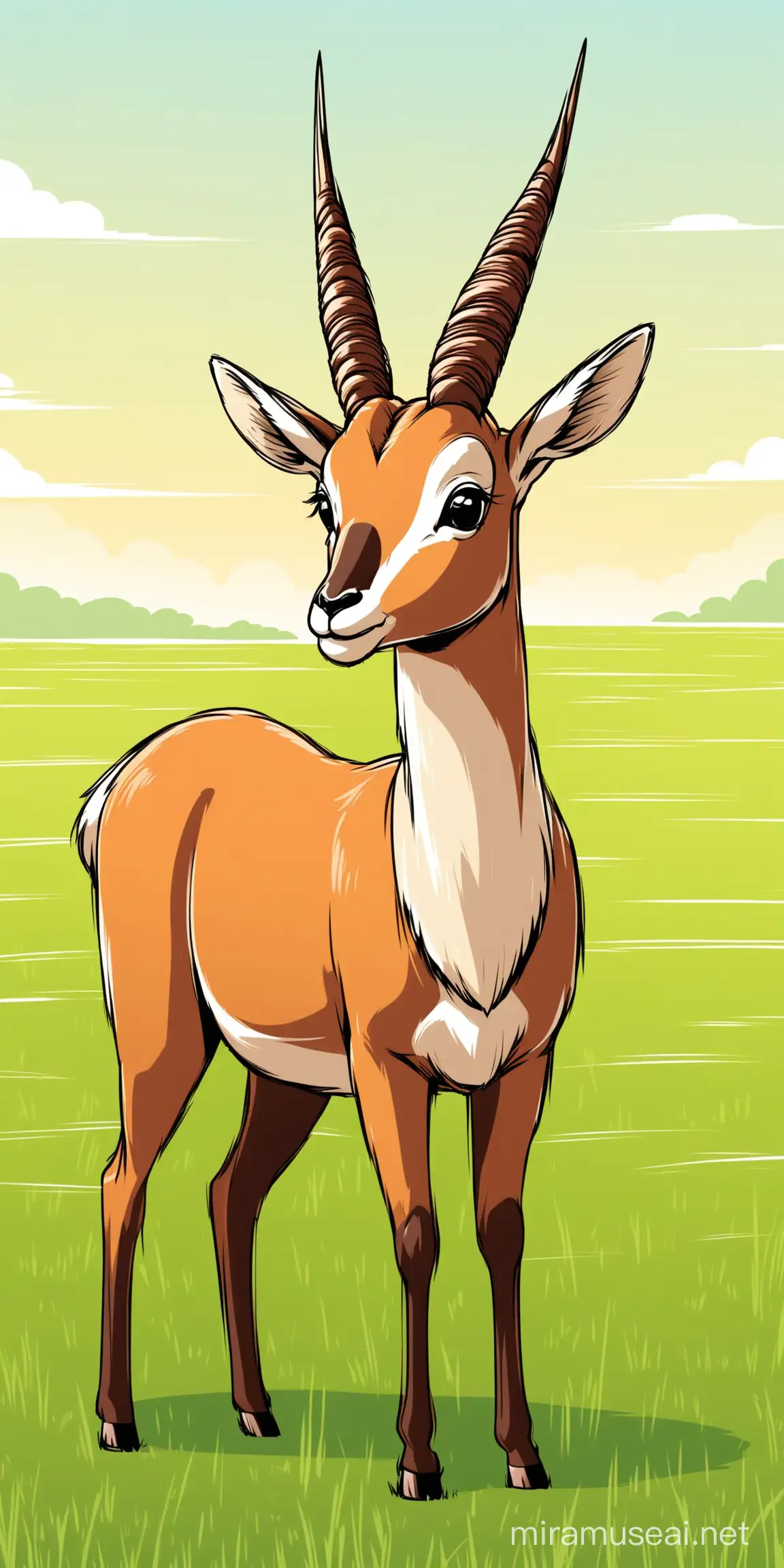 antelope standing on an open field cartoon style with thick lines, no shading
