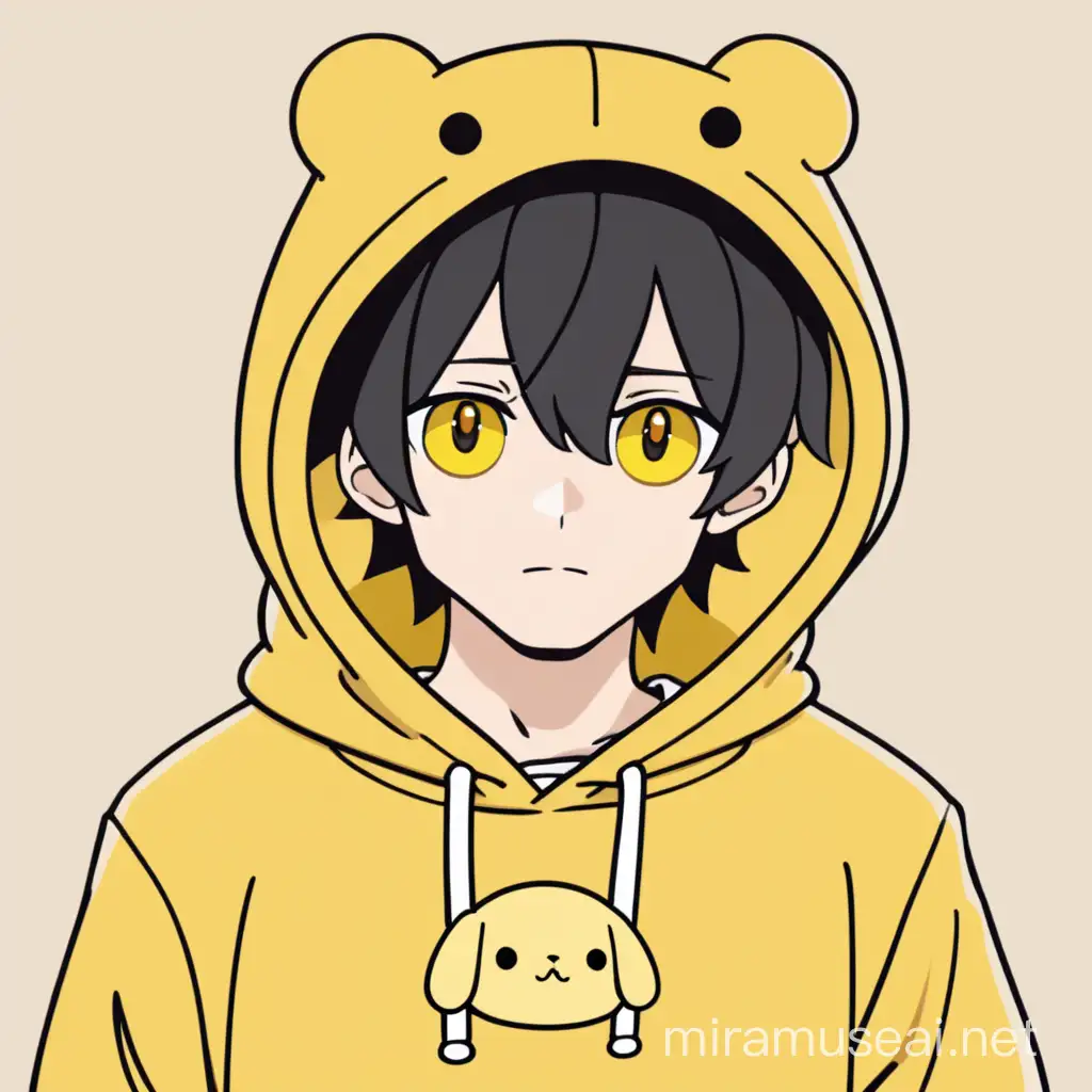 A man with black hair and yellow eyes wearing a pompompurin hoddie