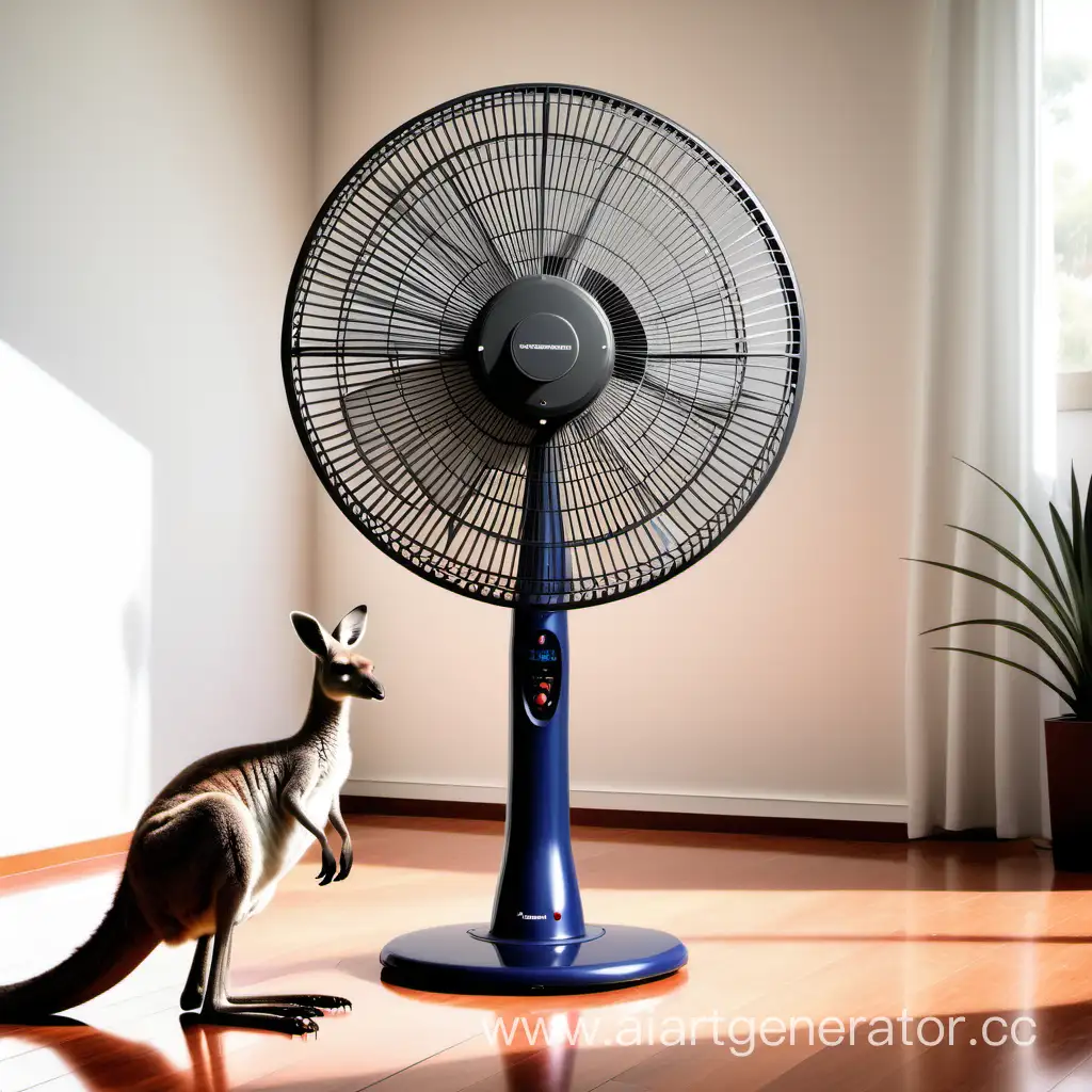 Super realistic picture of a big Australian stand fan is between a kangaroo and emu