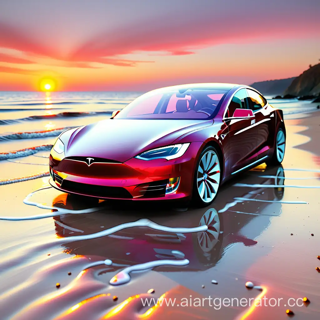 Tesla on the beach with sunset and dawn