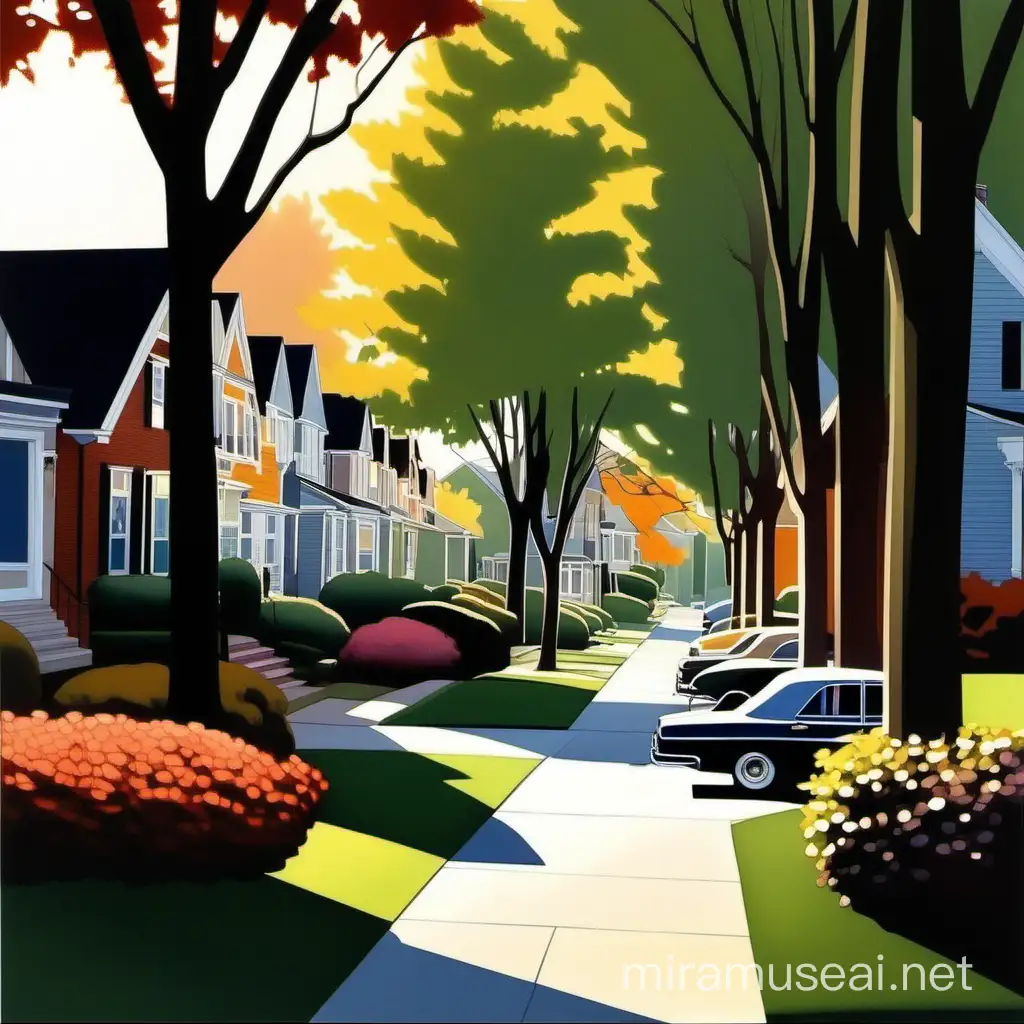 Vibrant Suburban Scene Colorful Neighborhood with Cars Trees and Flowers