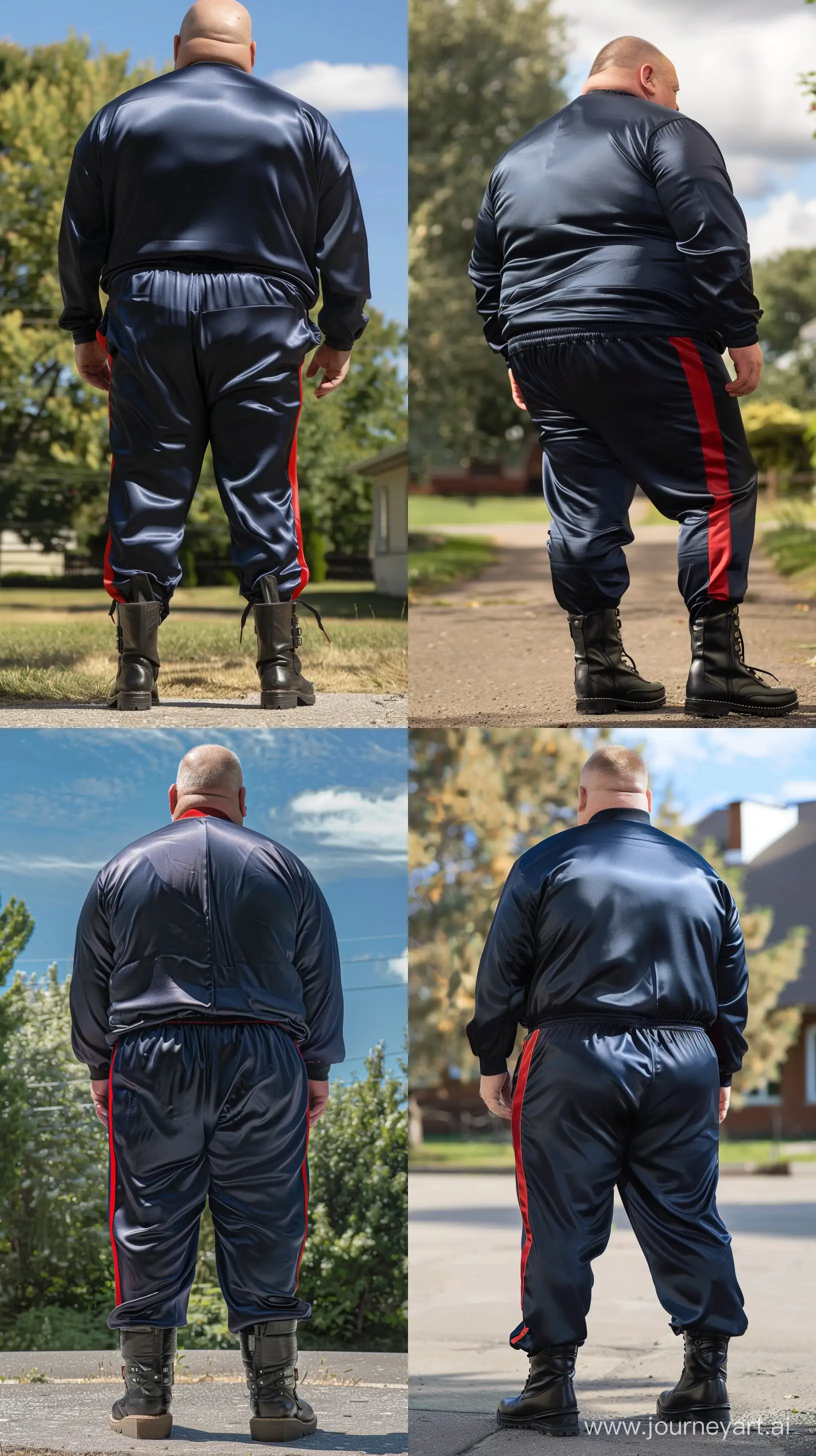 Back view photo of a fat man aged 60 wearing a silk navy royal tight tracksuit with red stripe on the leg. Black tactical leather boots. Standing Outside in Summer. --style raw --ar 9:16