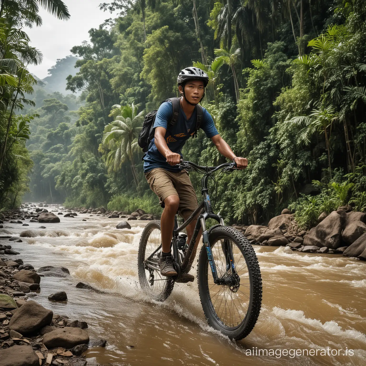 Street photography of Indonesia young man, ride the mountain bike, jungle, rivers, Mountains, high resolution, eye level, dynamic pose