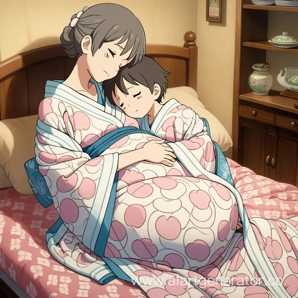 Ghibli-Anime-Scene-Tender-Moment-of-a-YukataClad-Pregnant-Mother-with-Son-in-Unassisted-Birth
