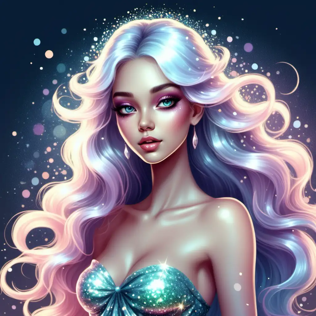 An illustration of a beautiful glitter girl.  
Pastel colors. 
High quality.  
HD.  
No background.  
No shadow.
 Fantasy style.