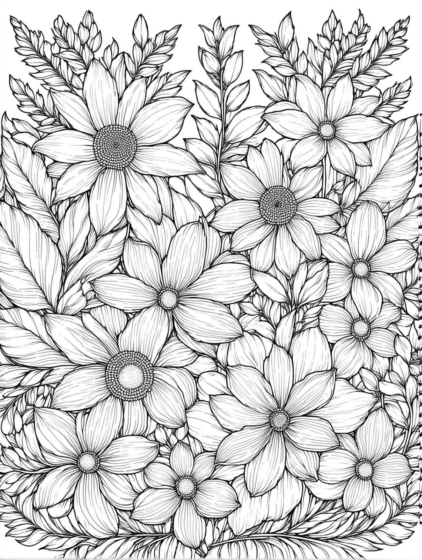 Beautiful black and flowers composition for coloring page, thin lines, minimum details, no greys