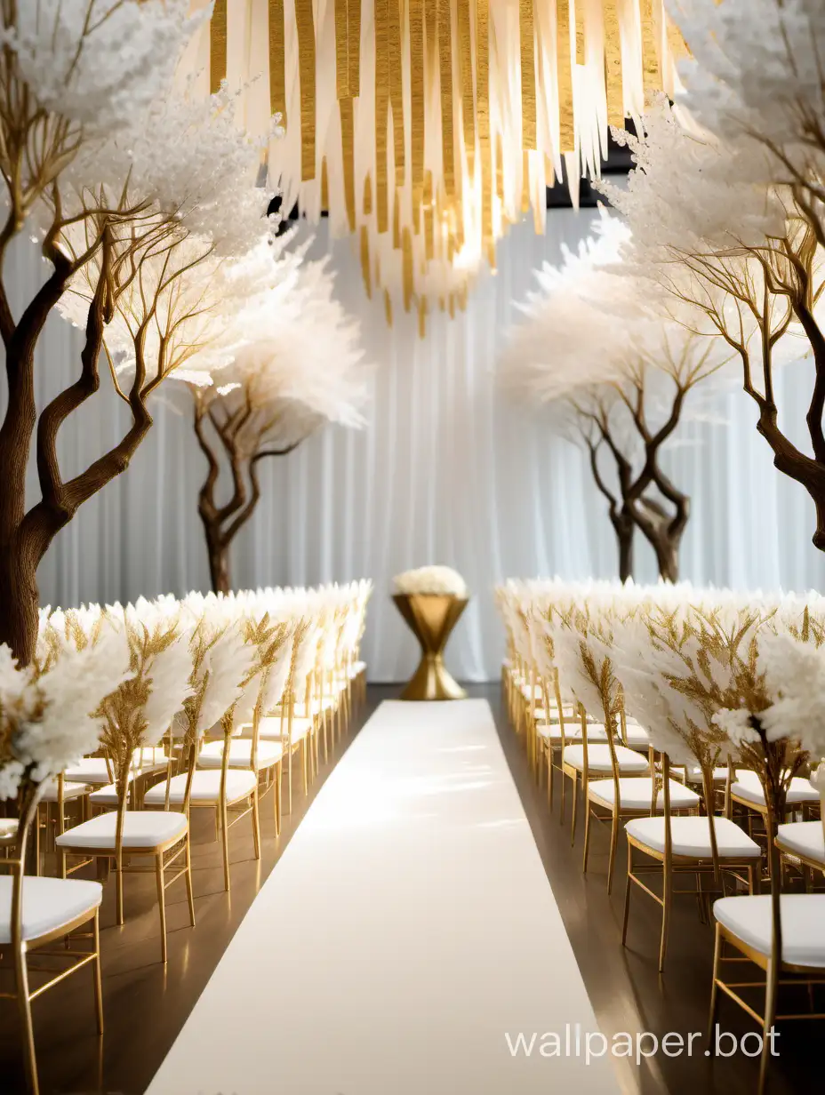 a sharp extreme close up photograph of a luxurious wedding ceremony setup, trees to the ceiling made from white paper, high detailing, gold chairs, white runner, white and gold, modern lights :: excellent visual focus on furniture, paper and flowers through the processing of light and textures of the fabric, surreal nature --c150 --s 180 --w 50