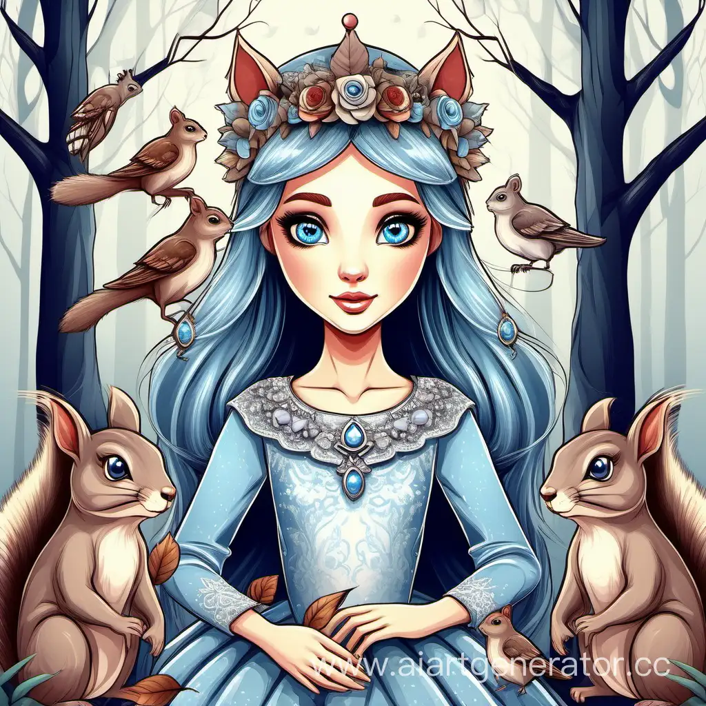 creative princess with blue eyes with squirrels and birds in the forest