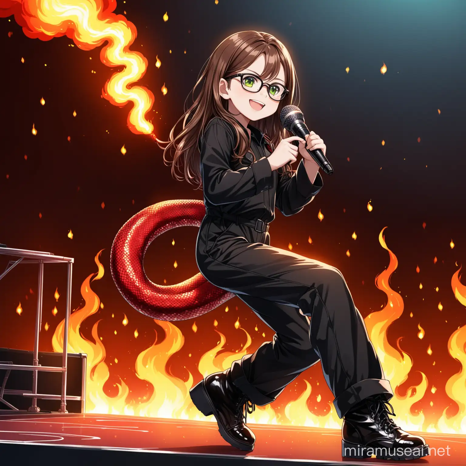 11 year old girl, long brown hair, green eyes, black glasses, black one sleeve jumpsuit, with a  red sequined snake climbing  up one leg, black low boots, holding a microphone, smiling determined, onstage, fire coming out of the stage,   