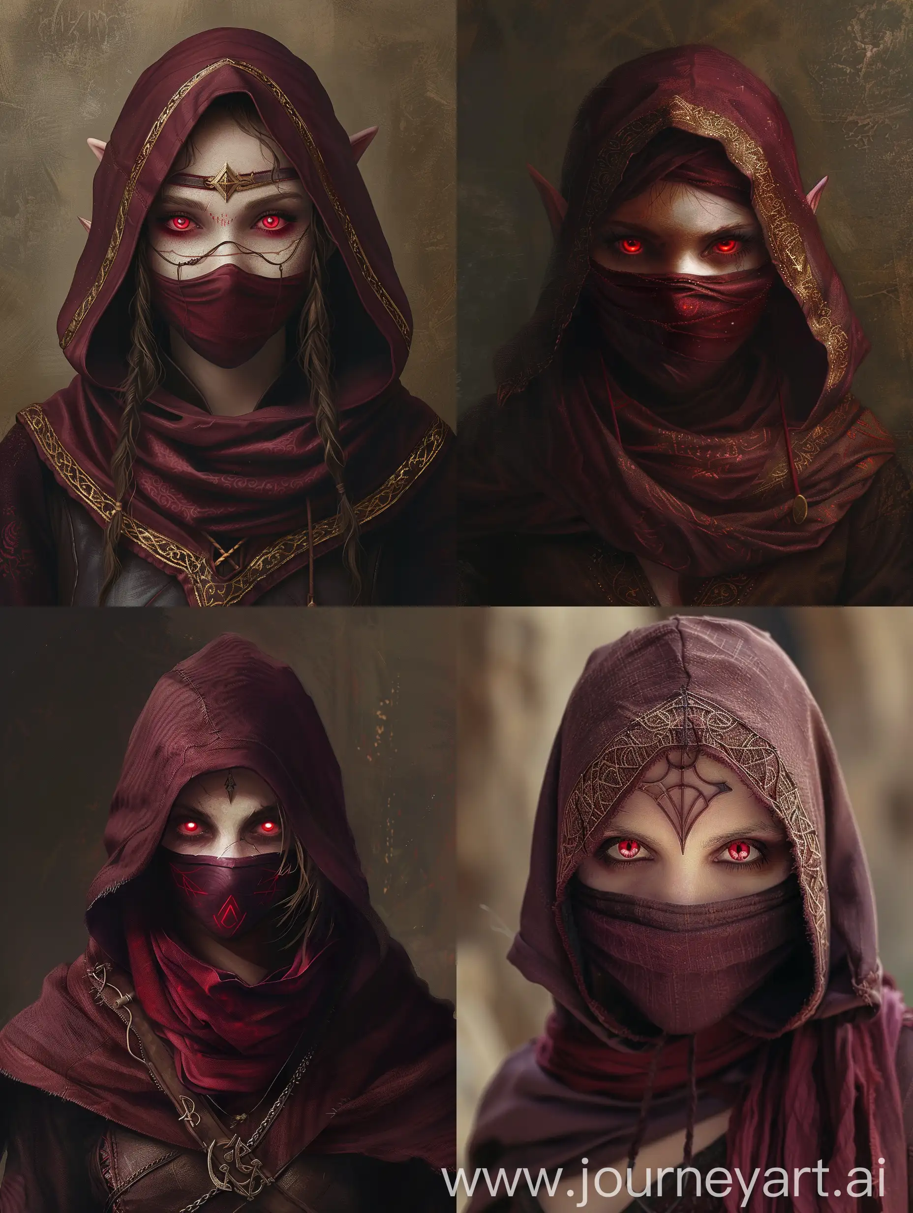 female elf, red eyes, hood, mask, baldurs gate portrait style, burgundy clothes, Evil in the eyes