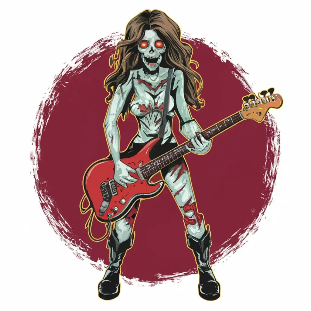 logo, logo, t-shirt vector zombie guitarist girl, electric guitar, 80s style clothing, boots, highly detailed face and body , long hair, rockin out at a concert, dark art, rim light, ultra detail, marvel comic illustration, pen and ink painting marvel style theme white background, Contour, Vector, white background, no words, ultra Detailed, ultra sharp narrow outlined image, no jagged edges, vibrant neon colors, typography,, with the text ".", typography