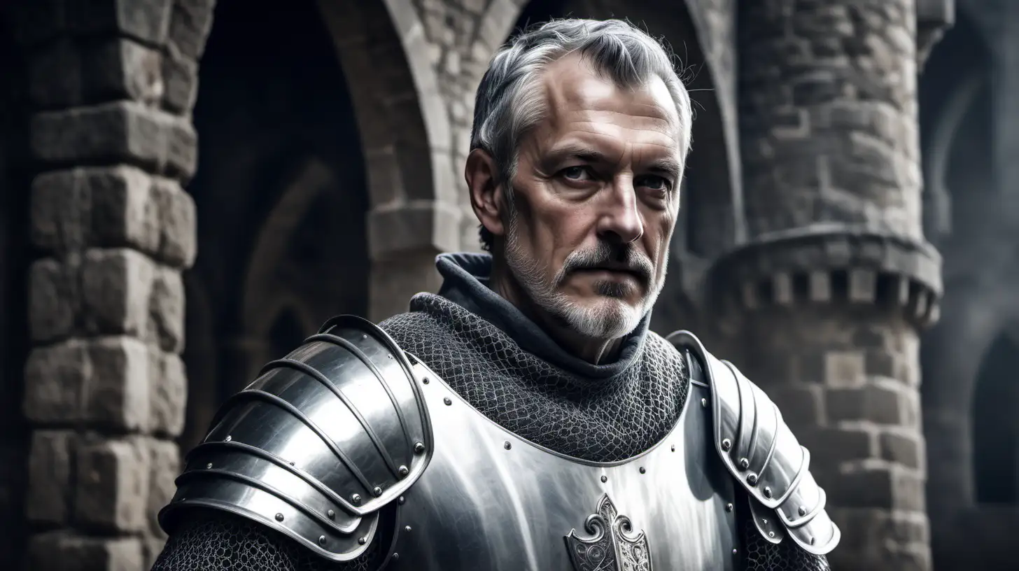 white middle aged human male knight with grey hair and a very short grey beard, set in a medieval castle