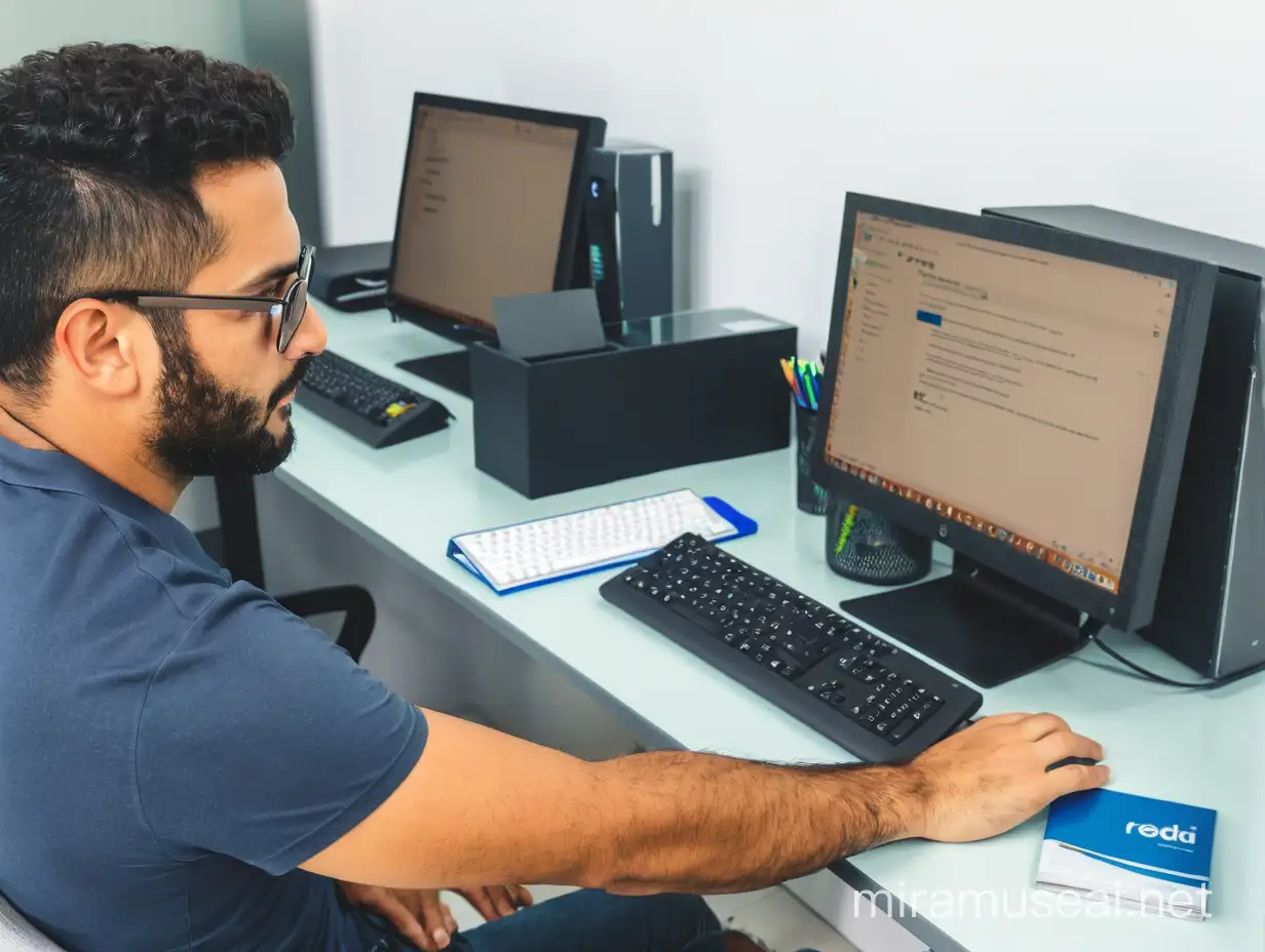 Brazilian Man Using Computer in Office Candid Portrait